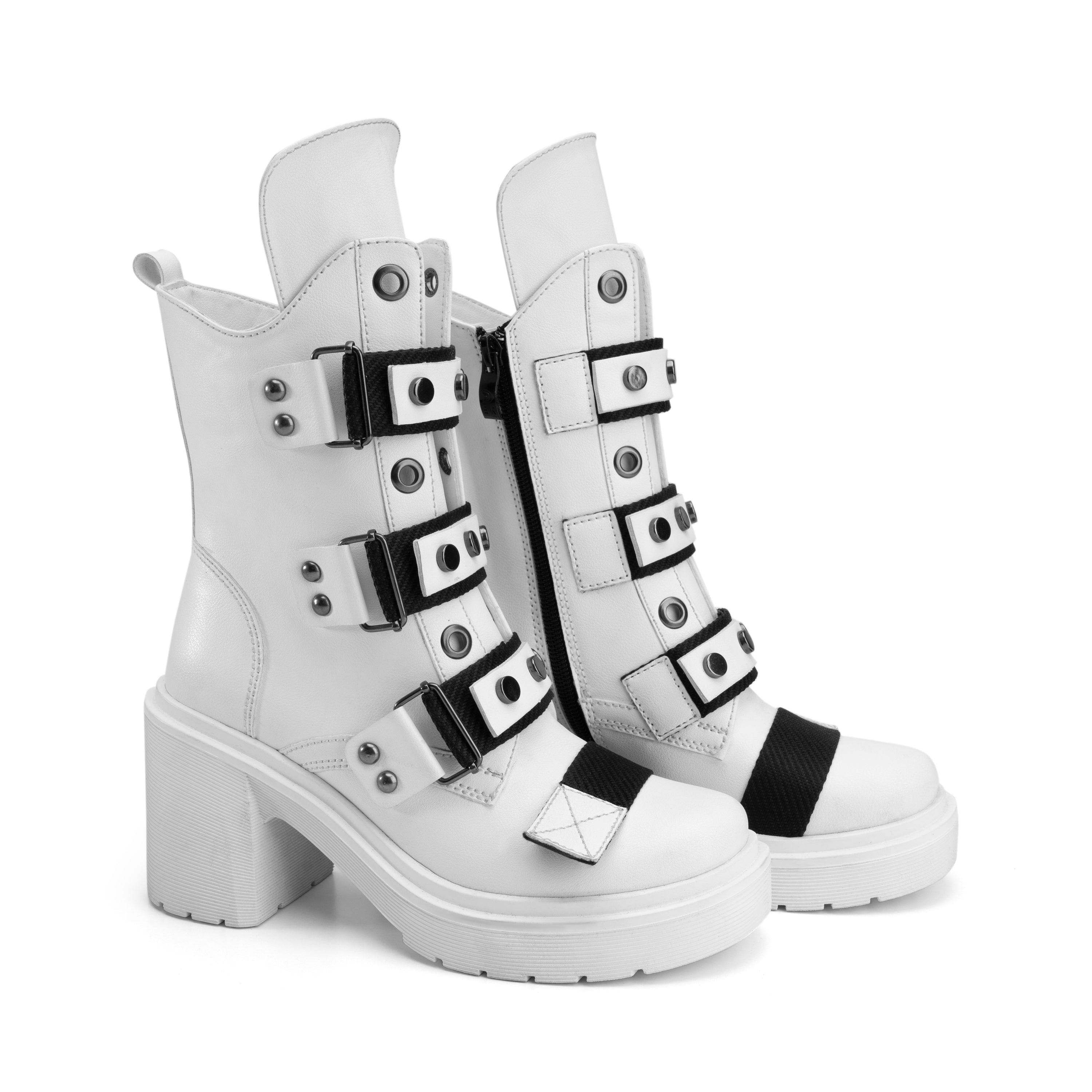 Triple Buckle Heeled Half Boots - White