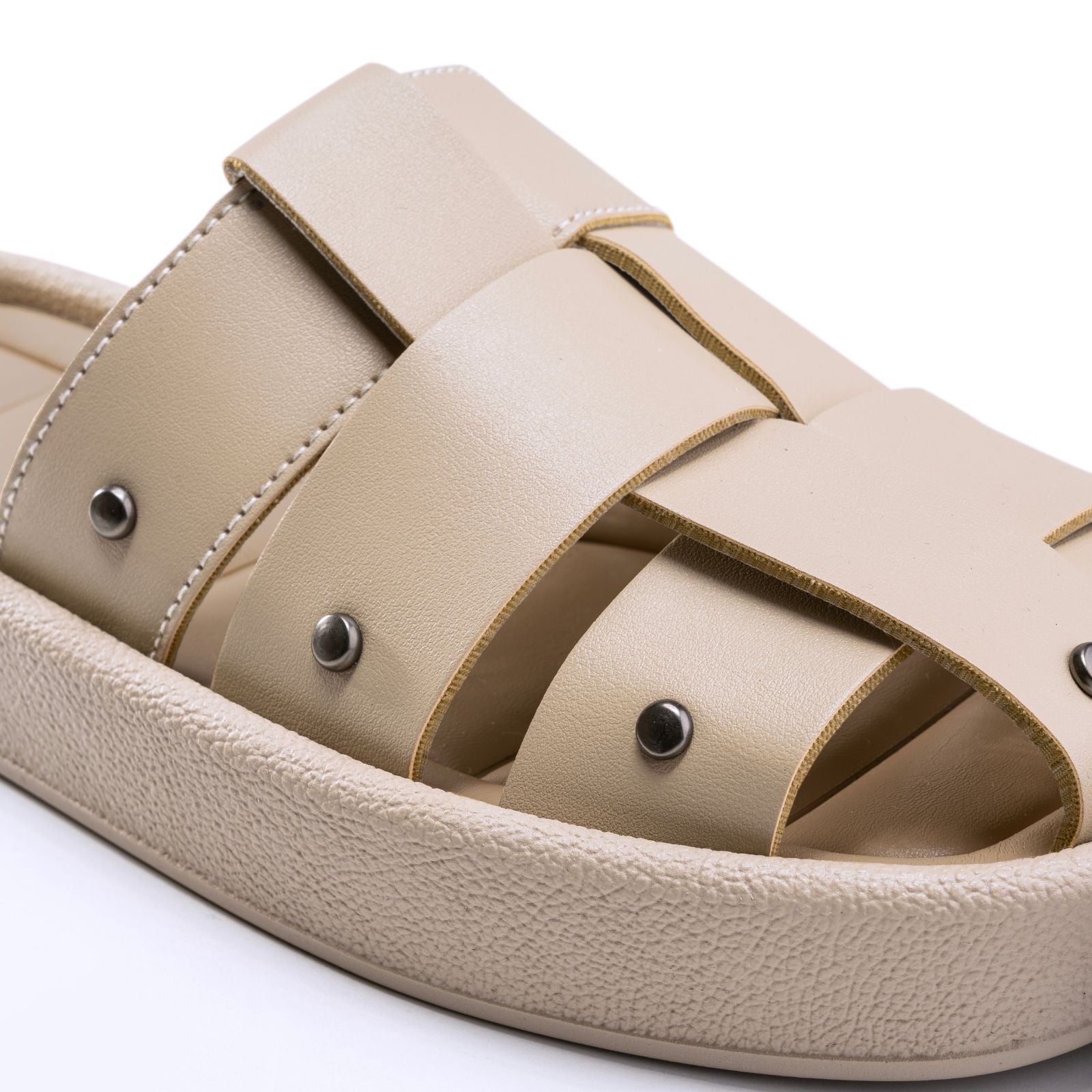 Leather Cross-Strap Platform Slides - Beige