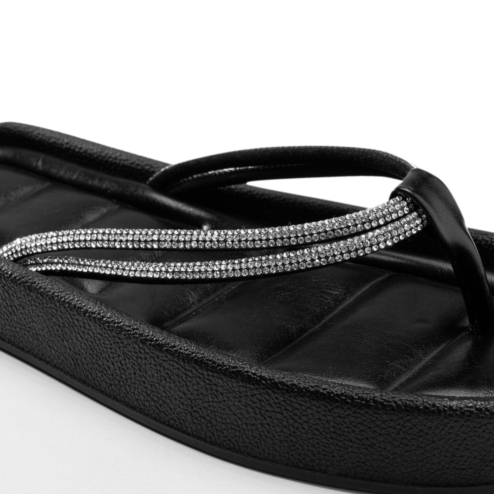 Platform Flip-Flops with Rhinestone Straps - Black