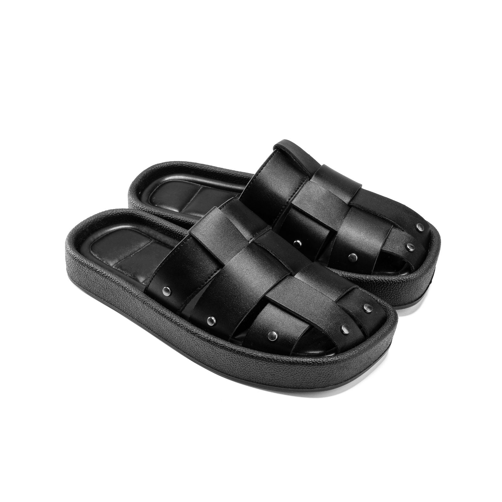 Leather Cross-Strap Platform Slides - Black