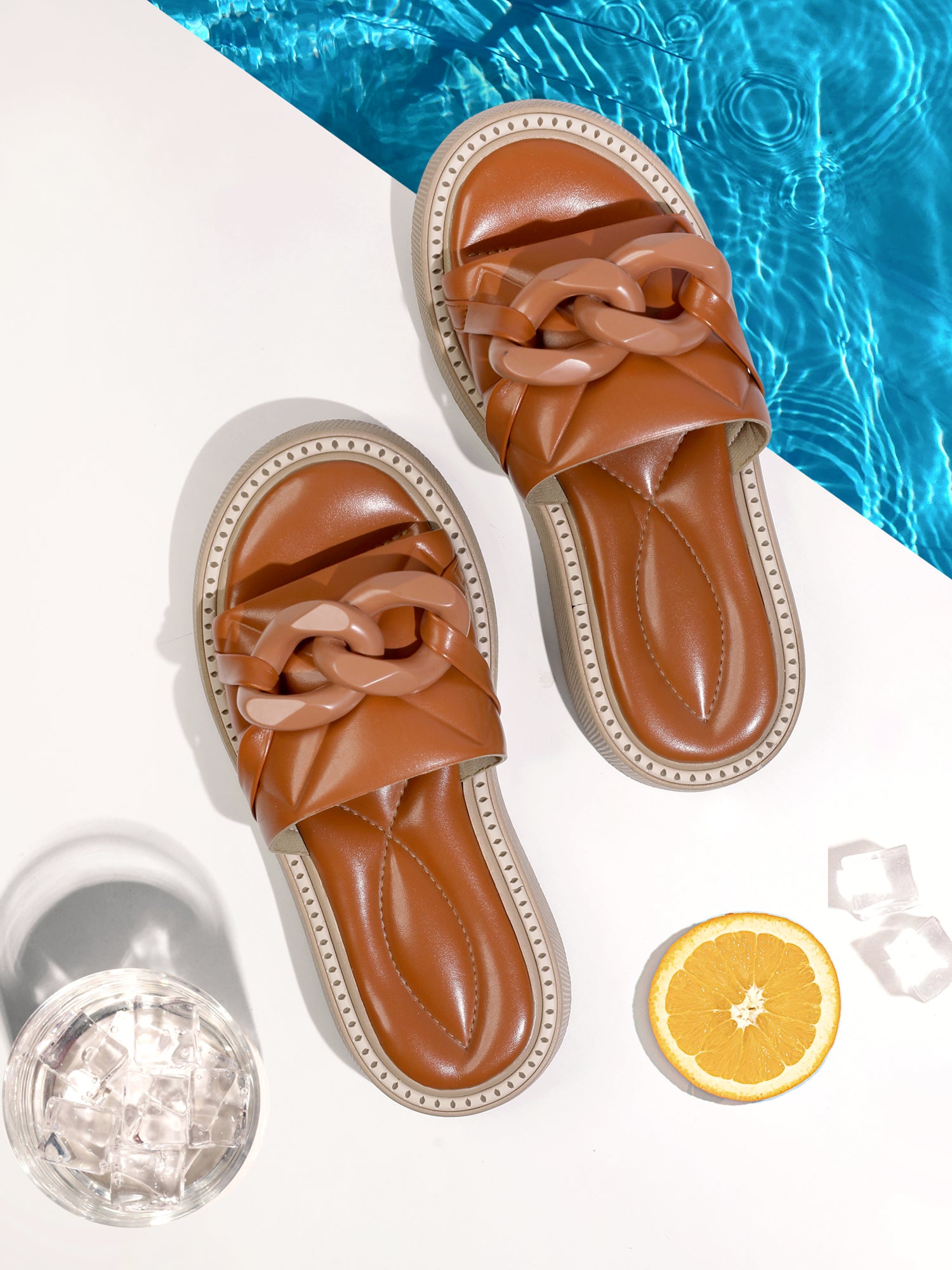 Padded Chain Slippers - Camel