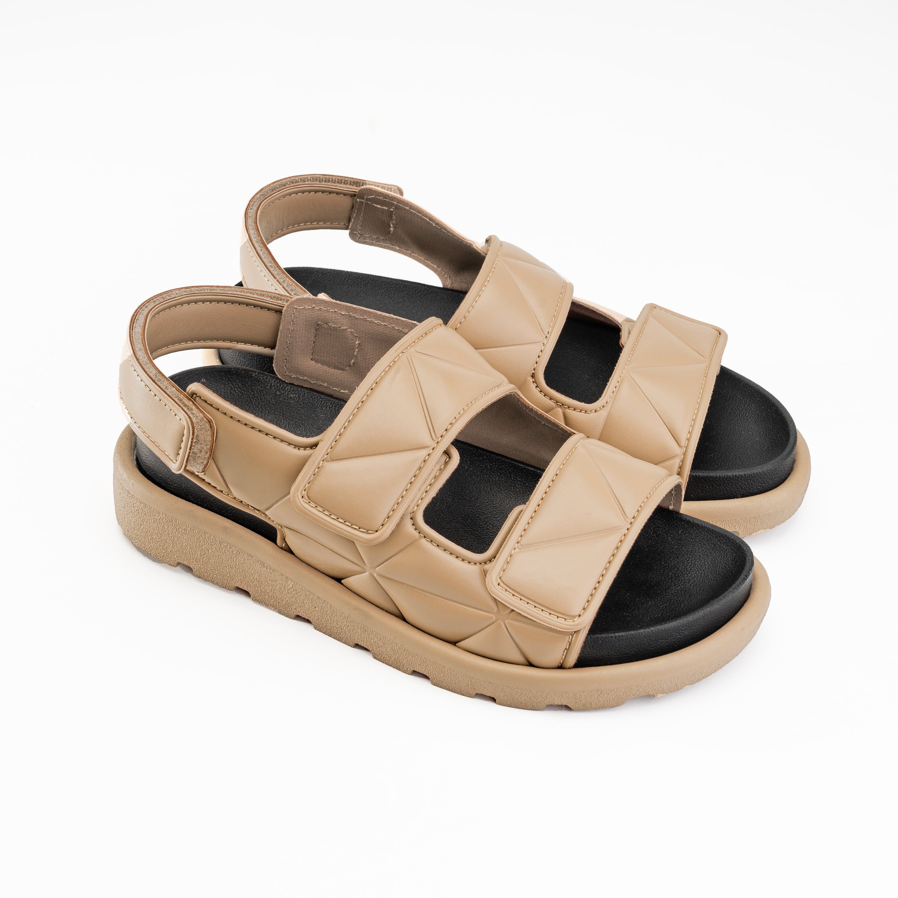 Double Strap Hook & Loop Sandals - Beige