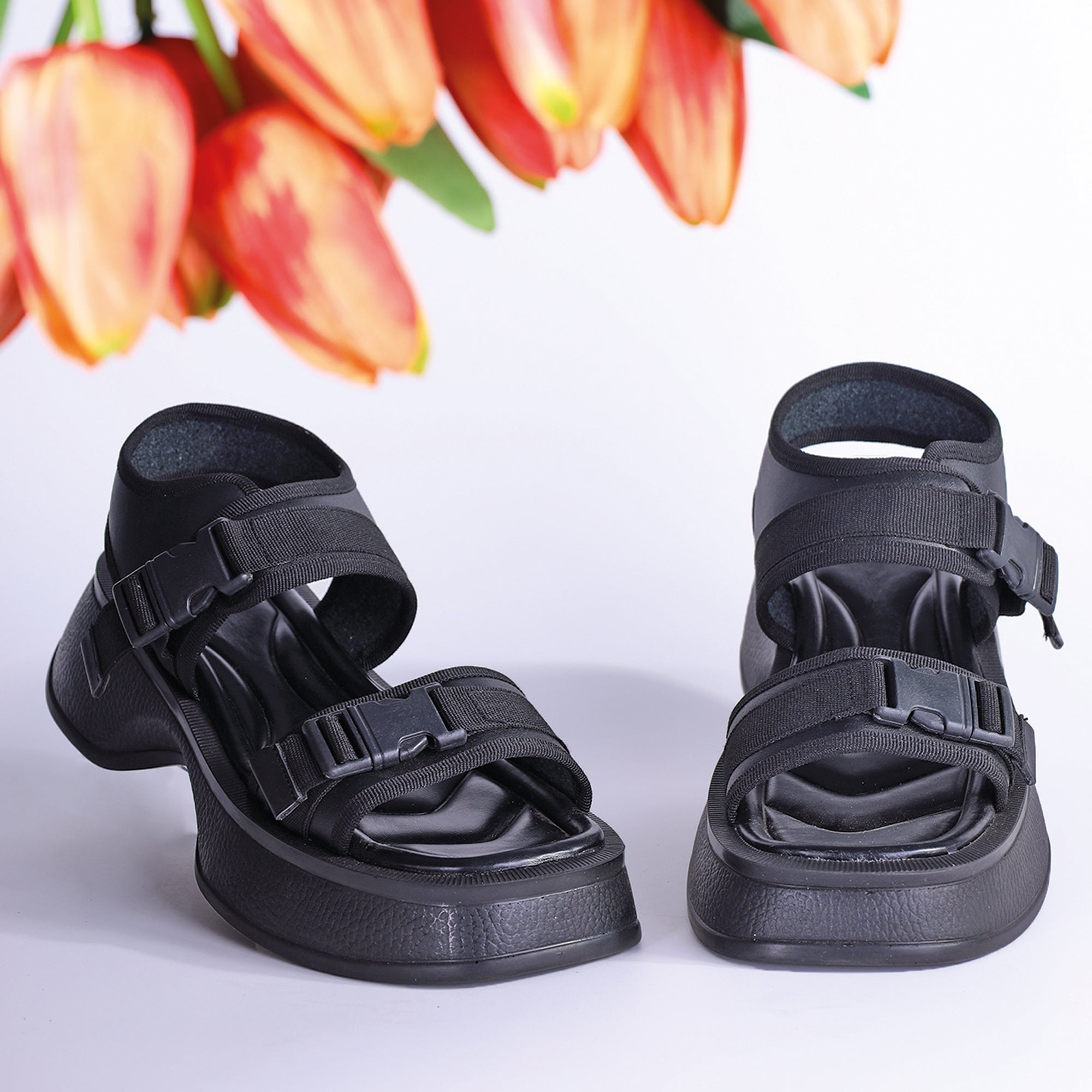 Buckle  Comfy Wedge Sandals - Black