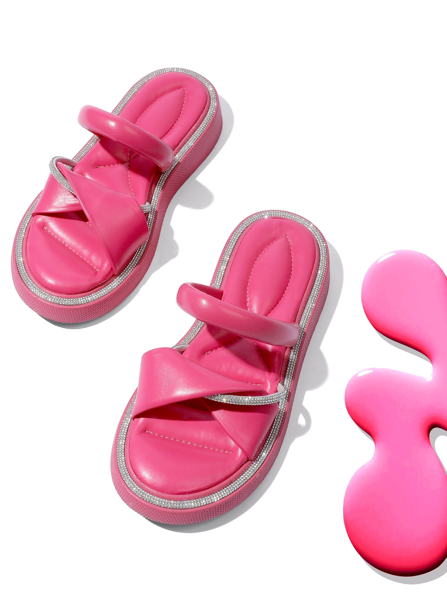 Padded Fold Sparkling Slippers - Fushia