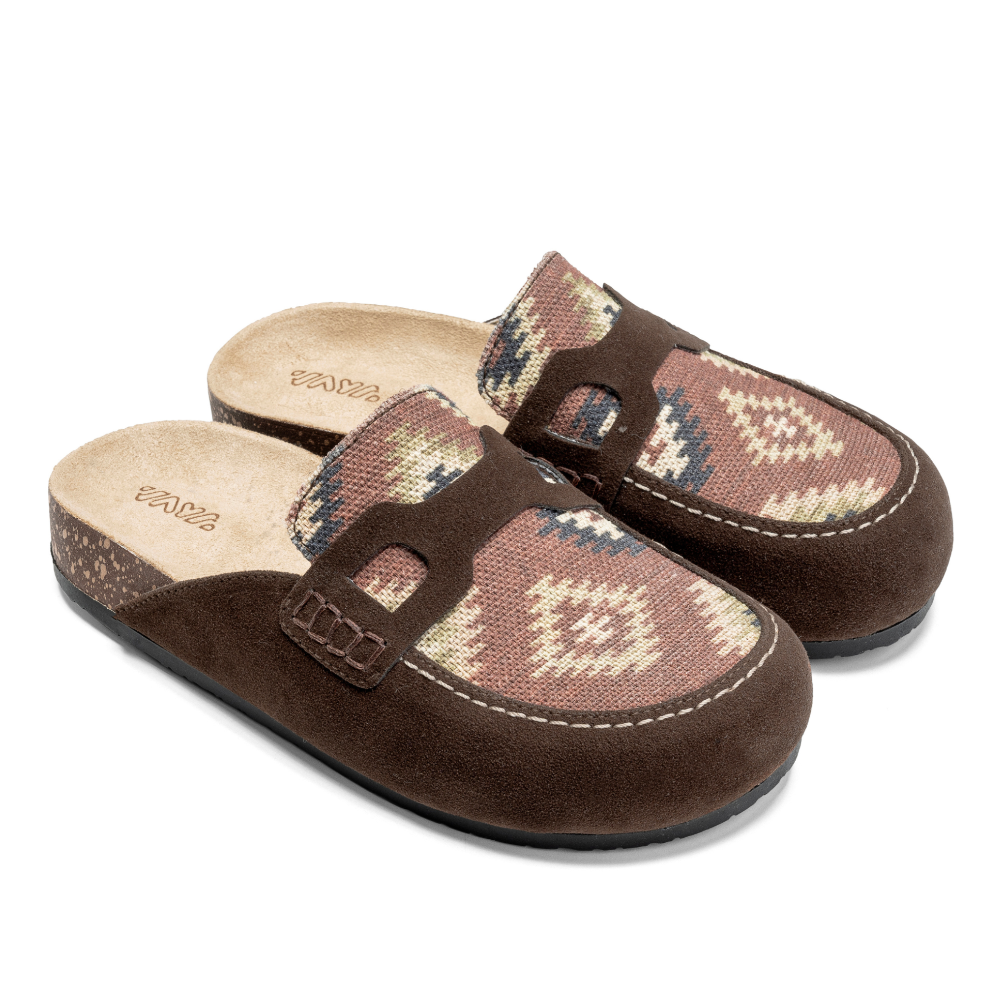 Mountain Trail Brown Suede Clogs – Earthy Comfort with Tribal Patterns