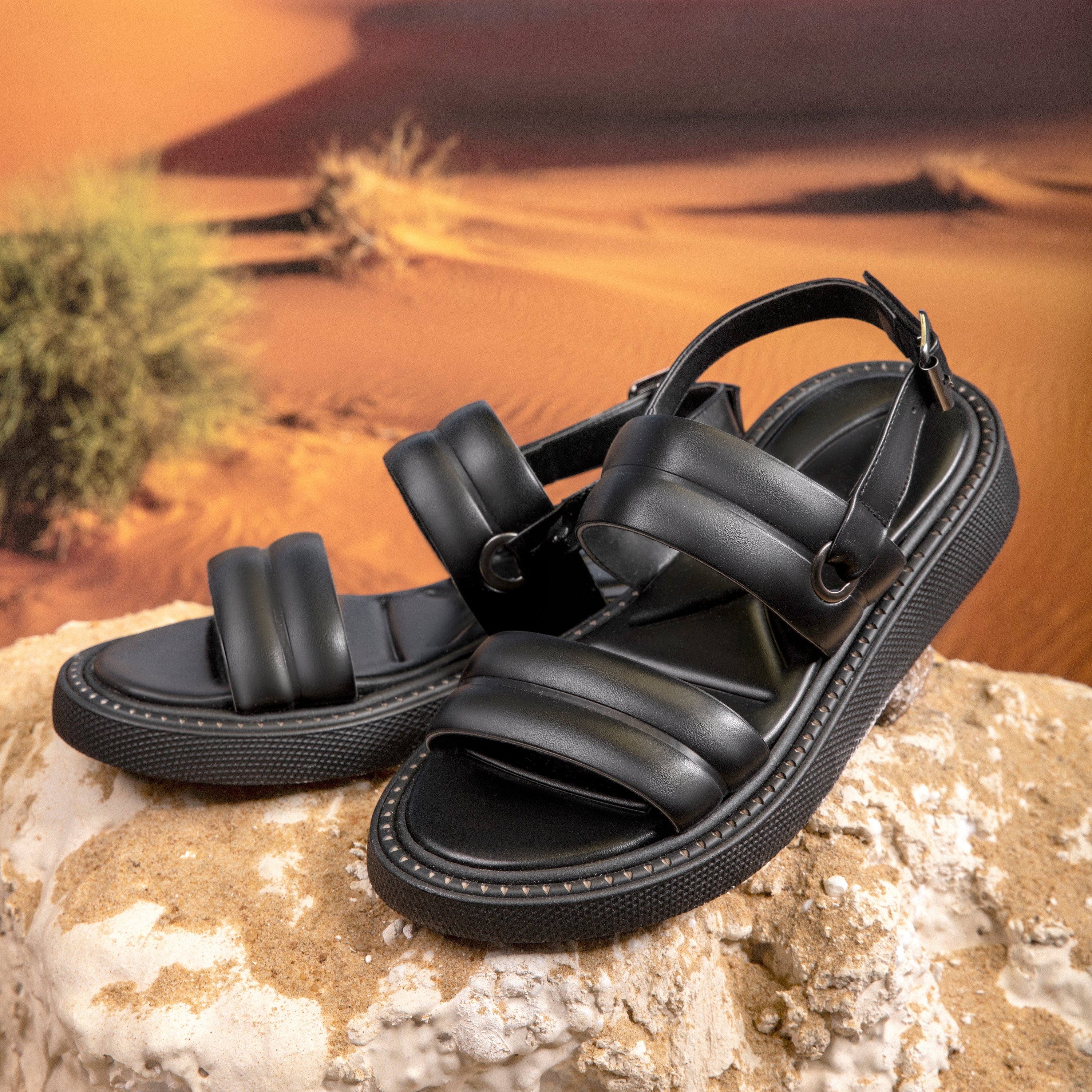 Double Strap Ripple Sandals - Black