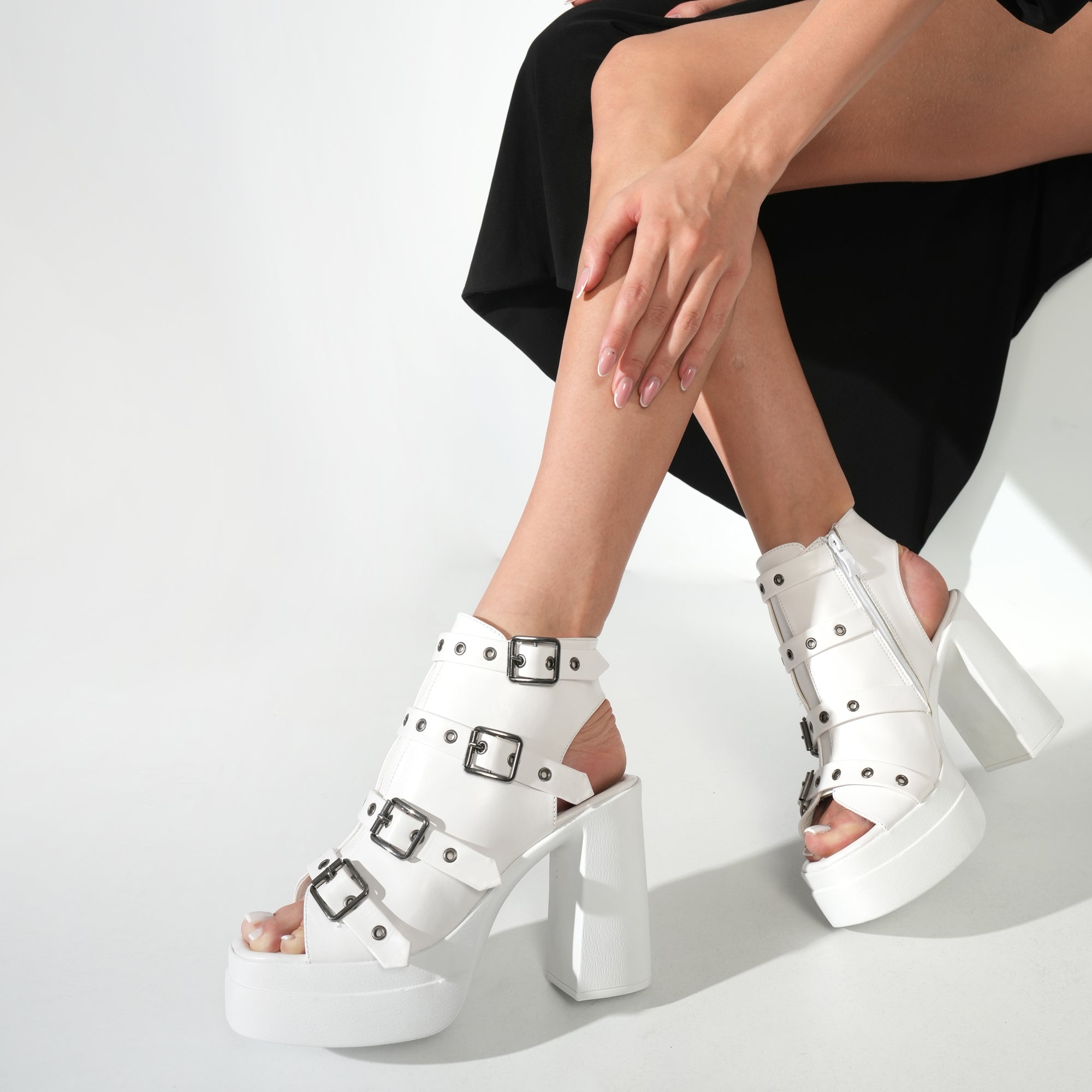 Multi-Buckle Platform Heels - White