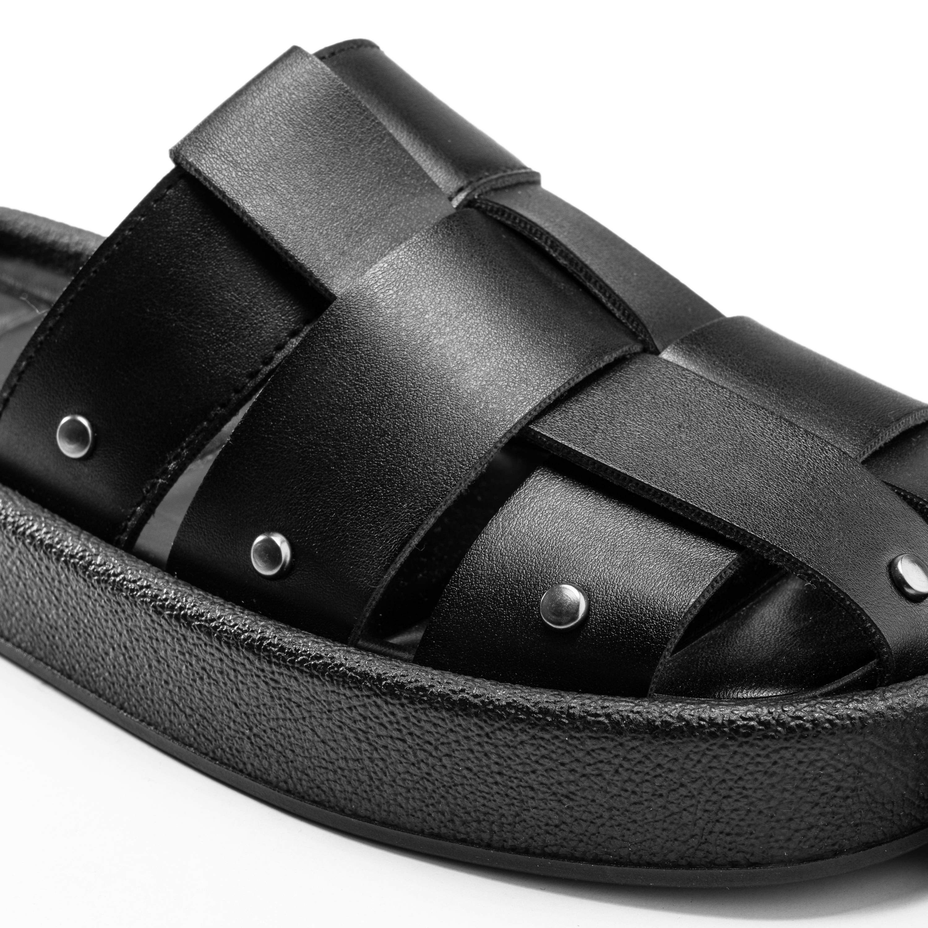 Leather Cross-Strap Platform Slides - Black