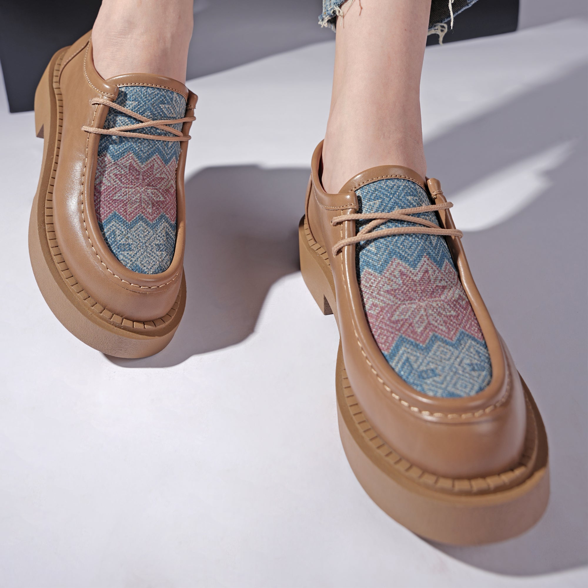 Patterned Lace-Up Platform Loafers - Cafe