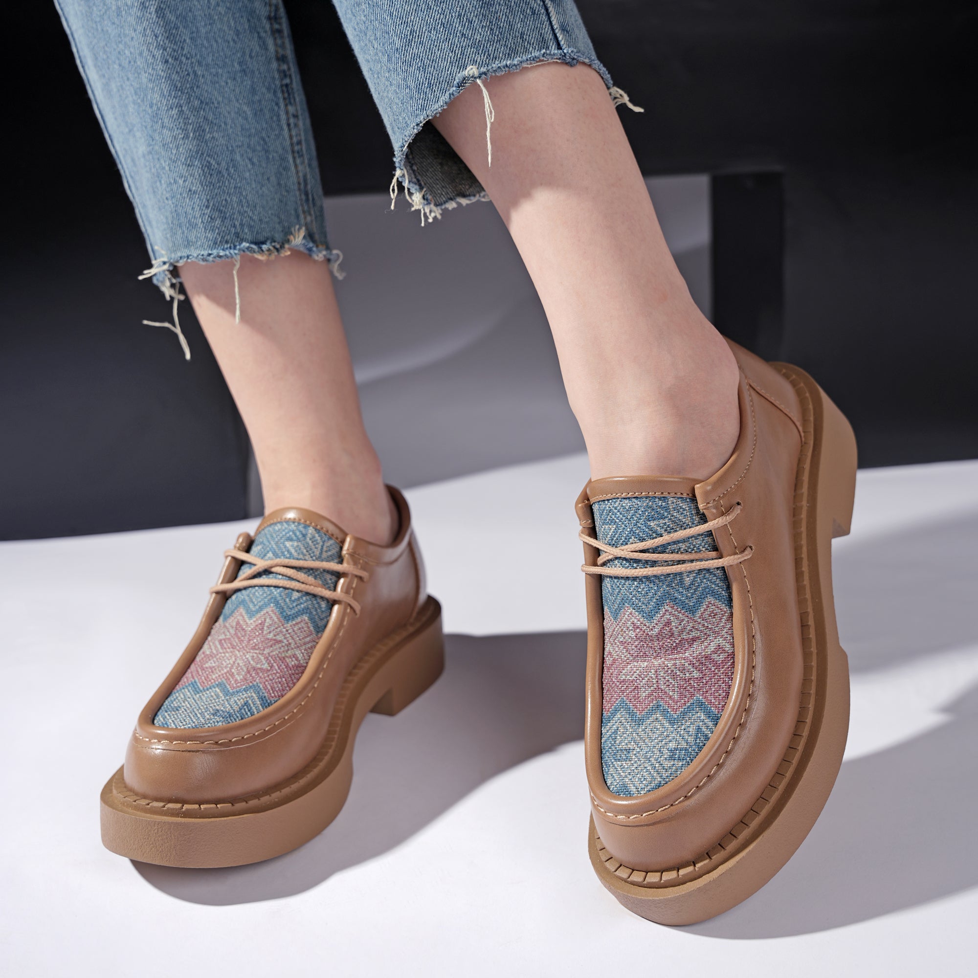 Patterned Lace-Up Platform Loafers - Cafe