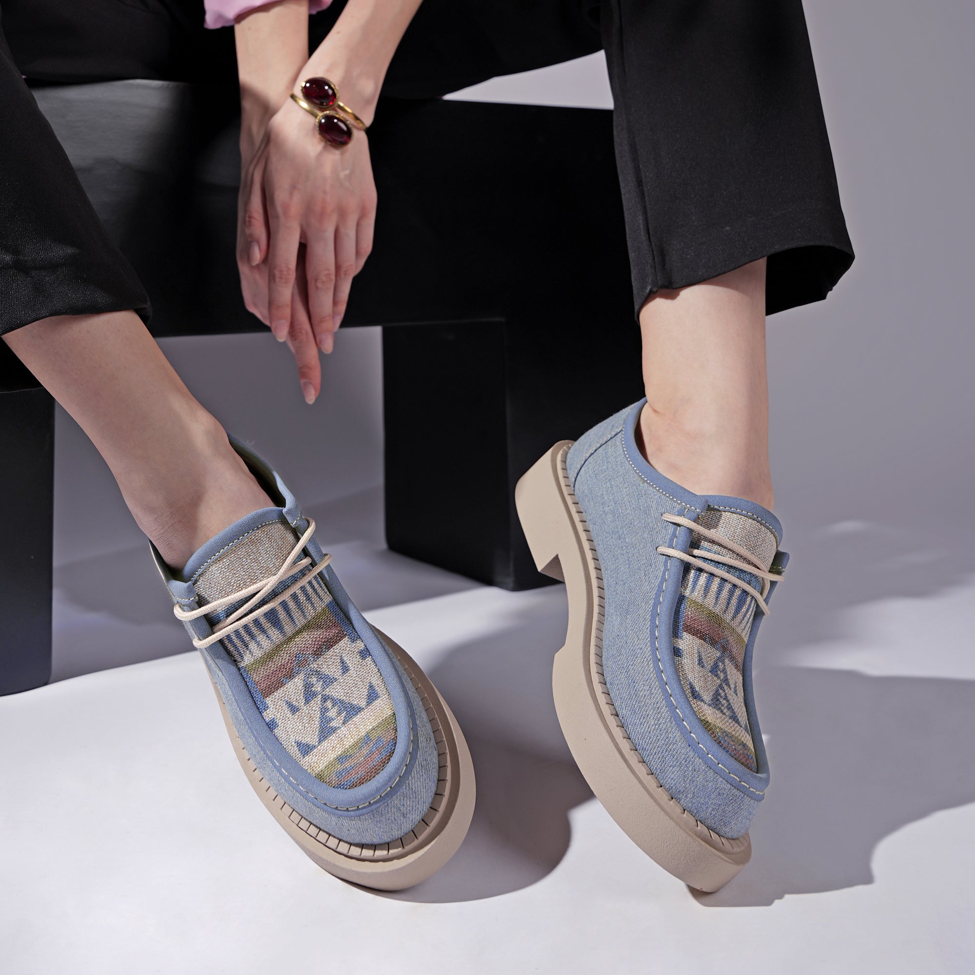 Patterned Lace-Up Platform Loafers - Baby Blue