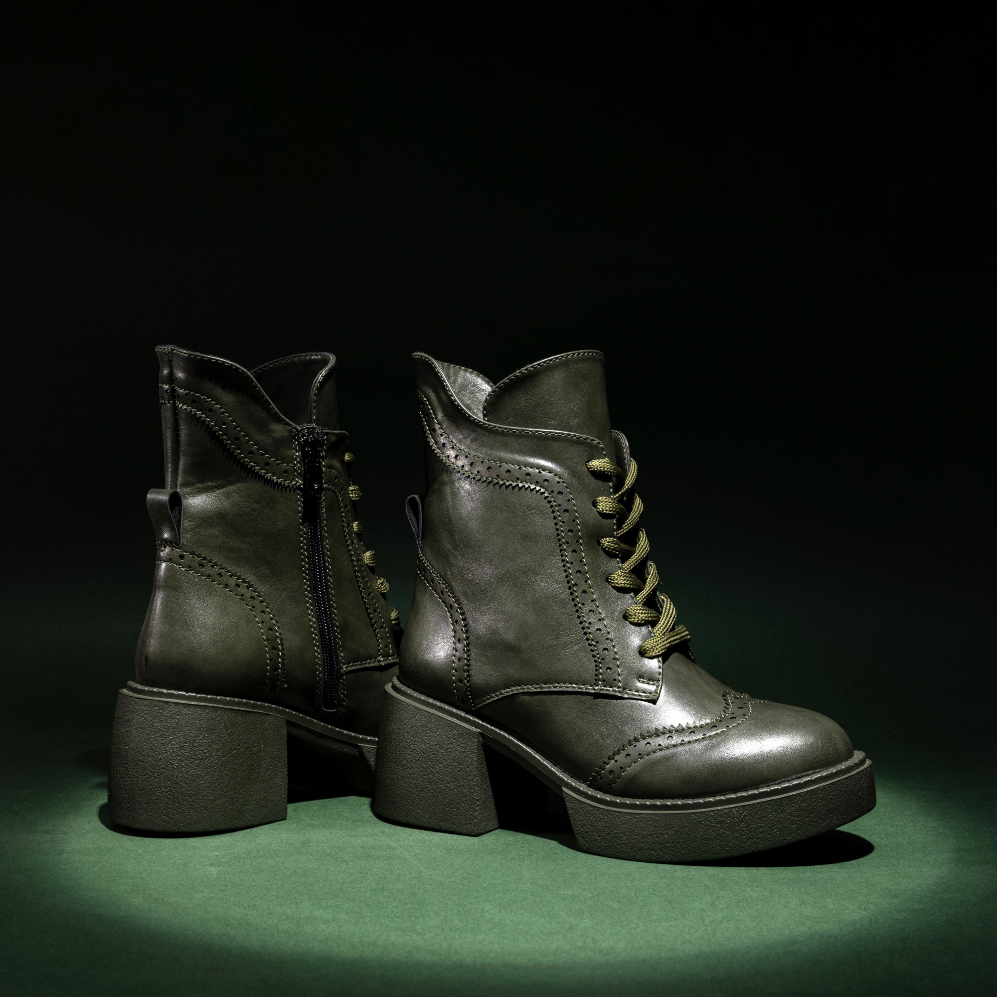 Brogue Style Lace Up Heel Boots - Green