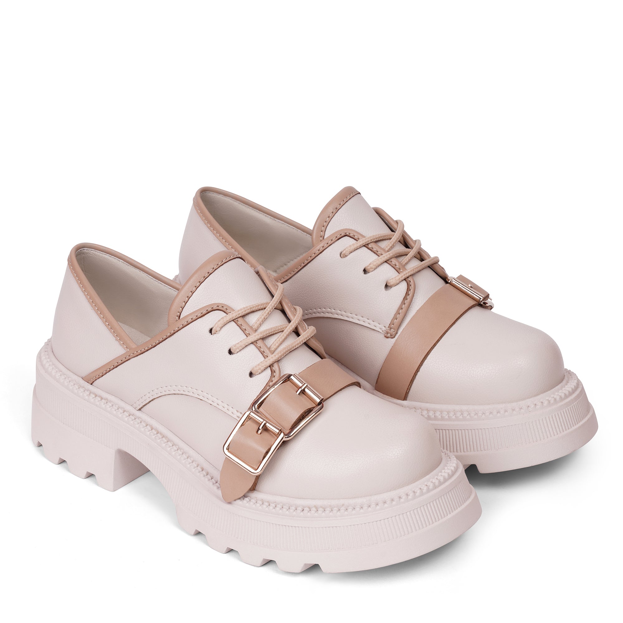 Buckled Platform Derby Loafers - Beige