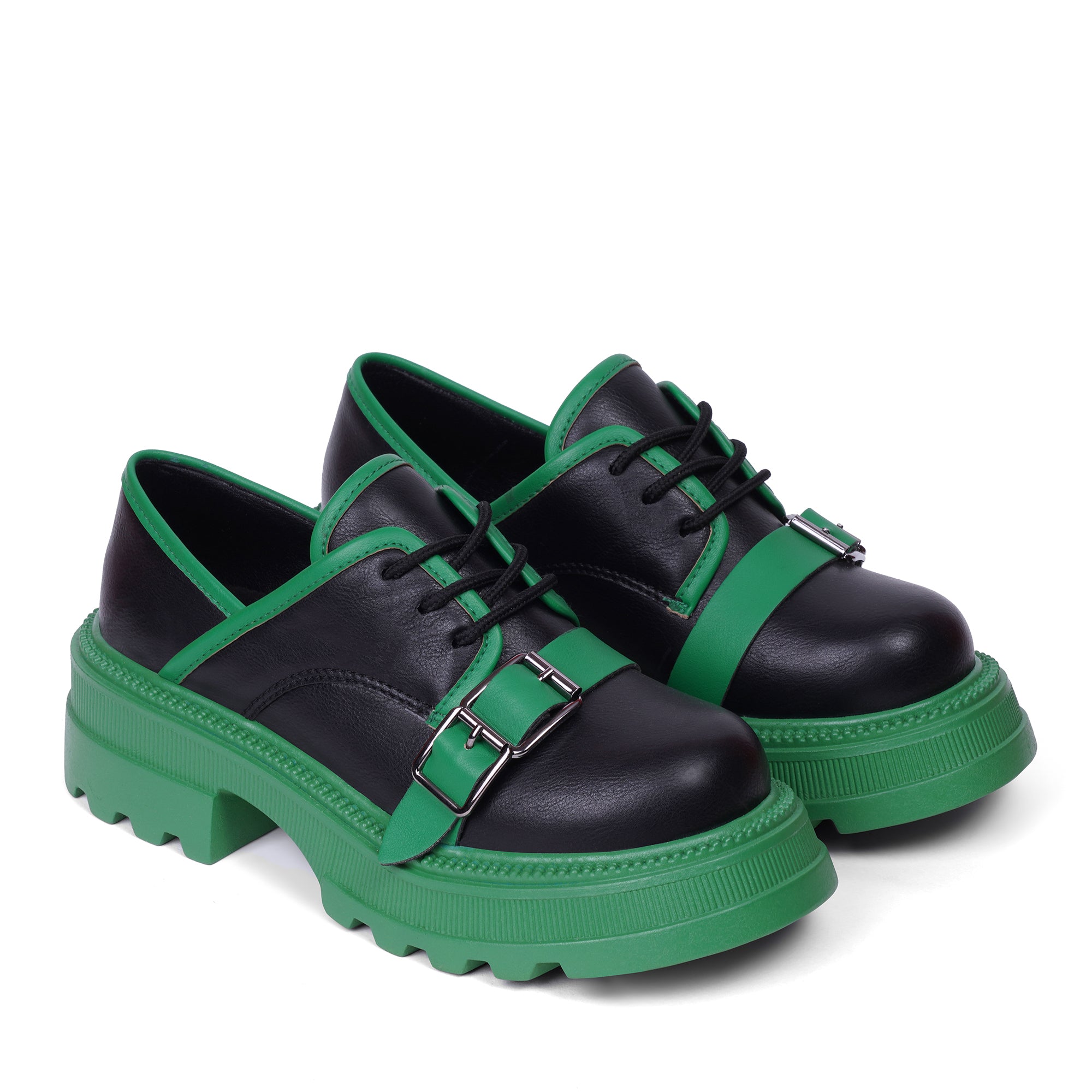 Buckled Platform Derby Loafers - Green