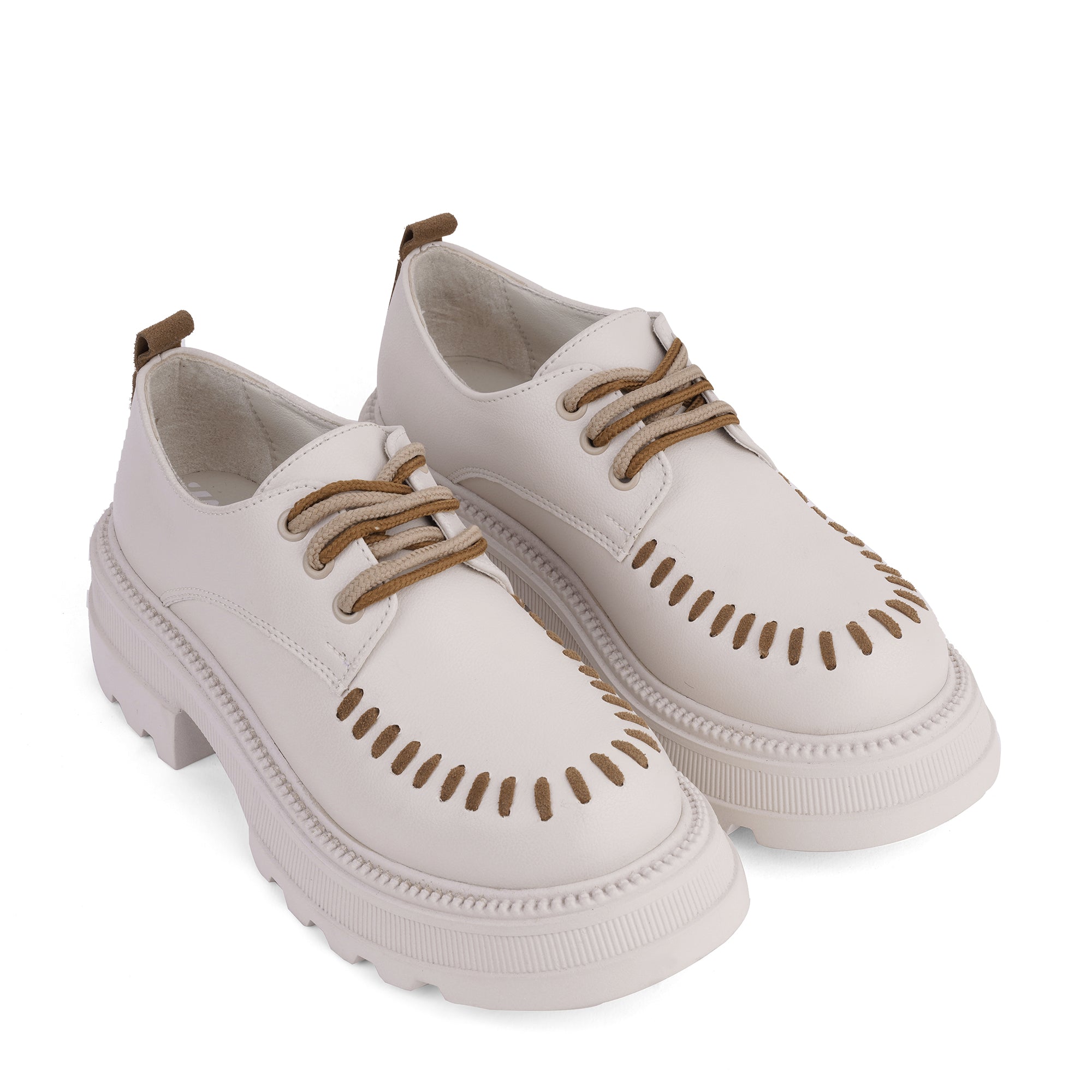 Stitched Chunky Lace-Up Derby Loafers - Beige