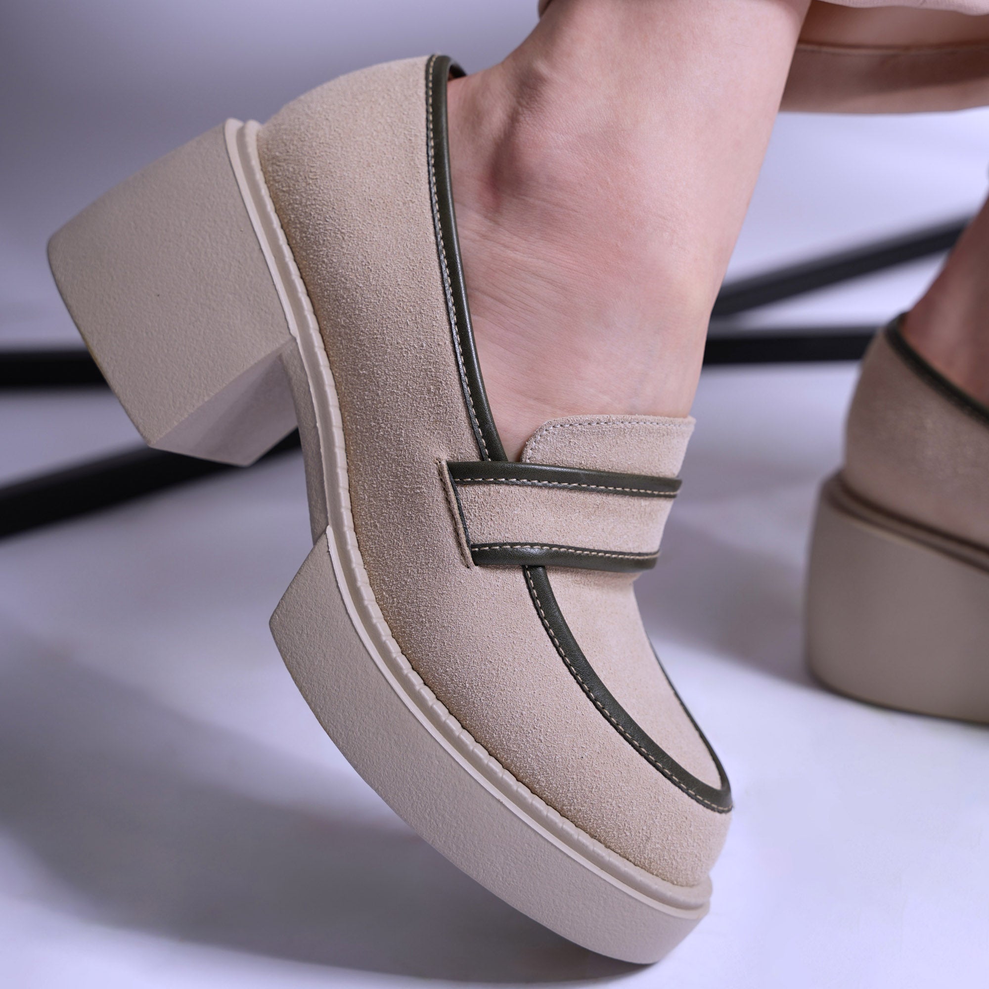 Lined Suede Block Heels - Beige