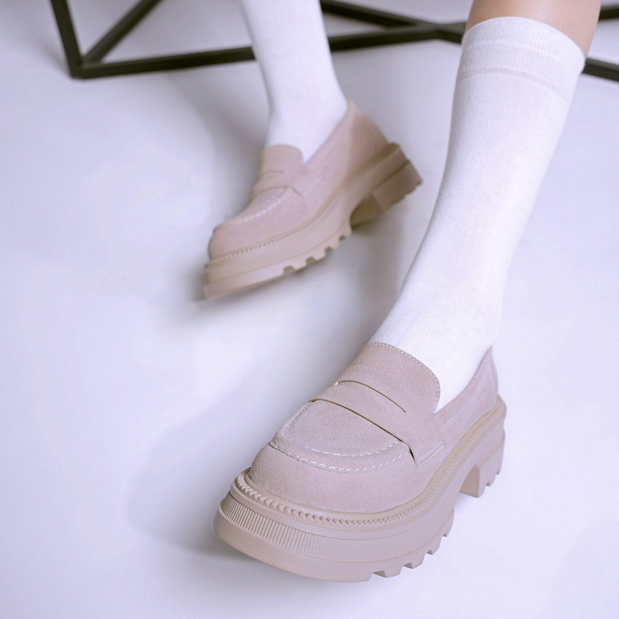 Slip-On Suede Platform Loafers - Beige