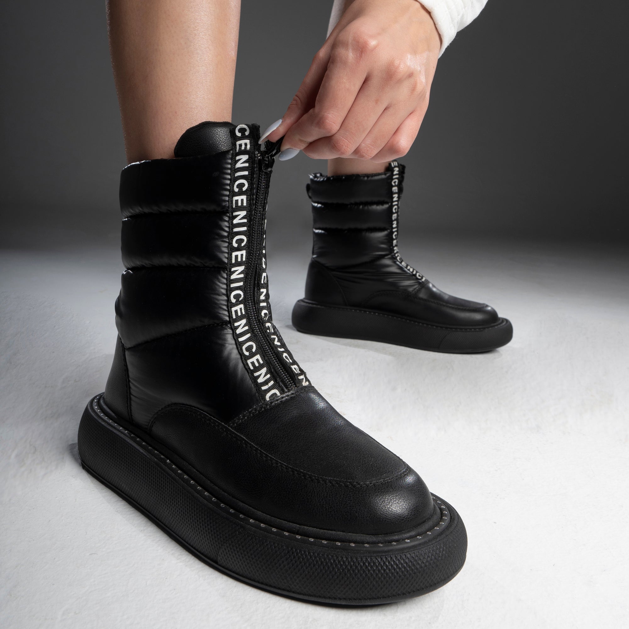 Water Proof Front Zipper Half Boots - Black