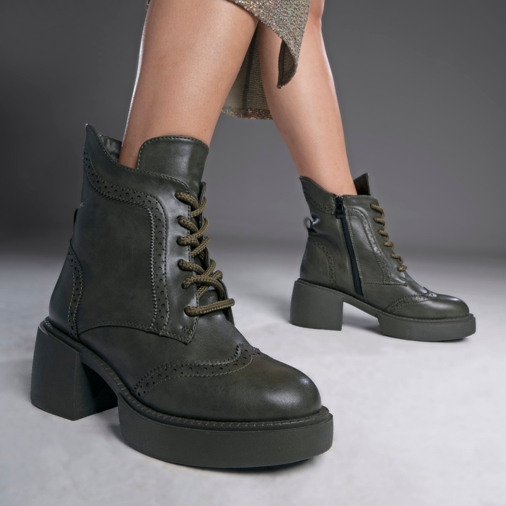 Brogue Style Lace Up Heel Boots - Green