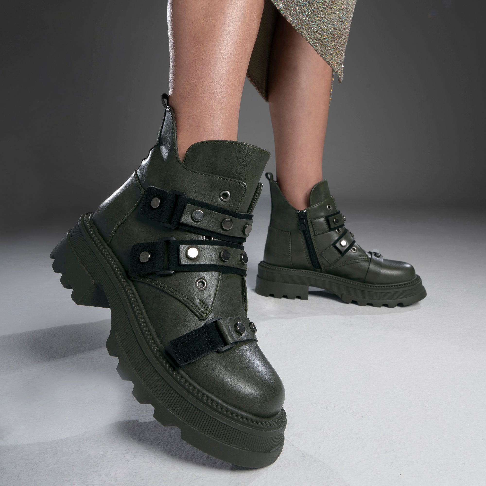 Double Buckle Chunky Half Boots - Green