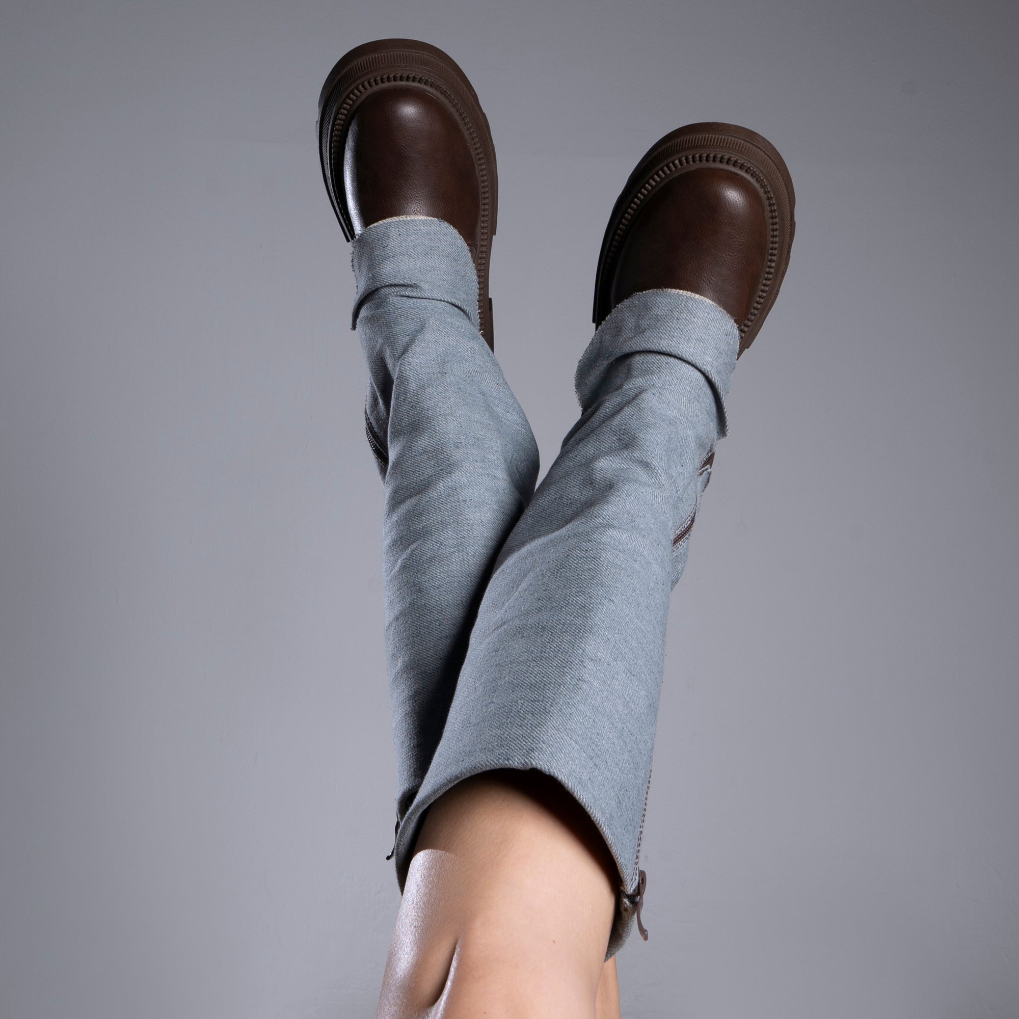 Denim Fold Cuff Knee High Boots - Brown X Blue