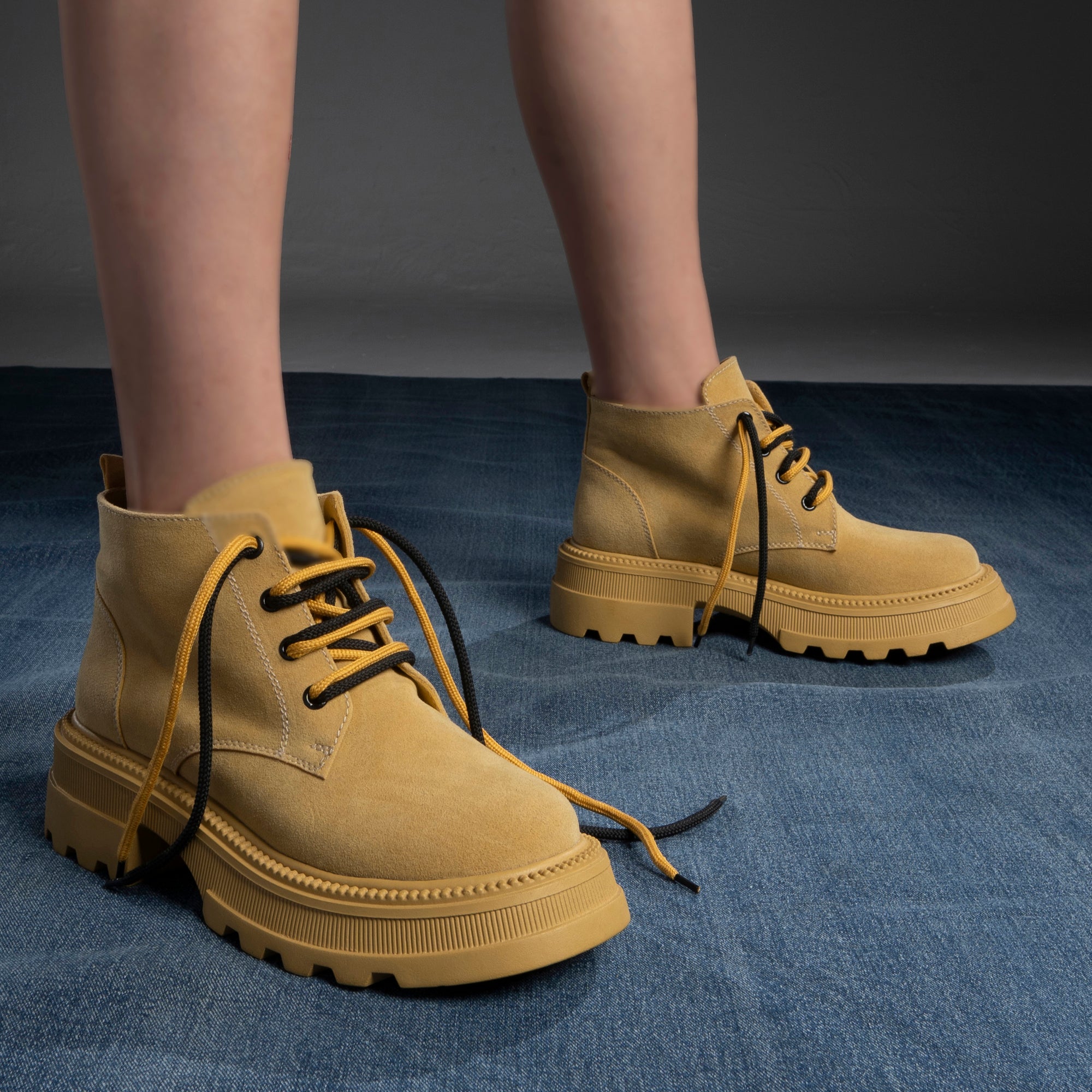 Plain Suede Laceup Boots - Yellow