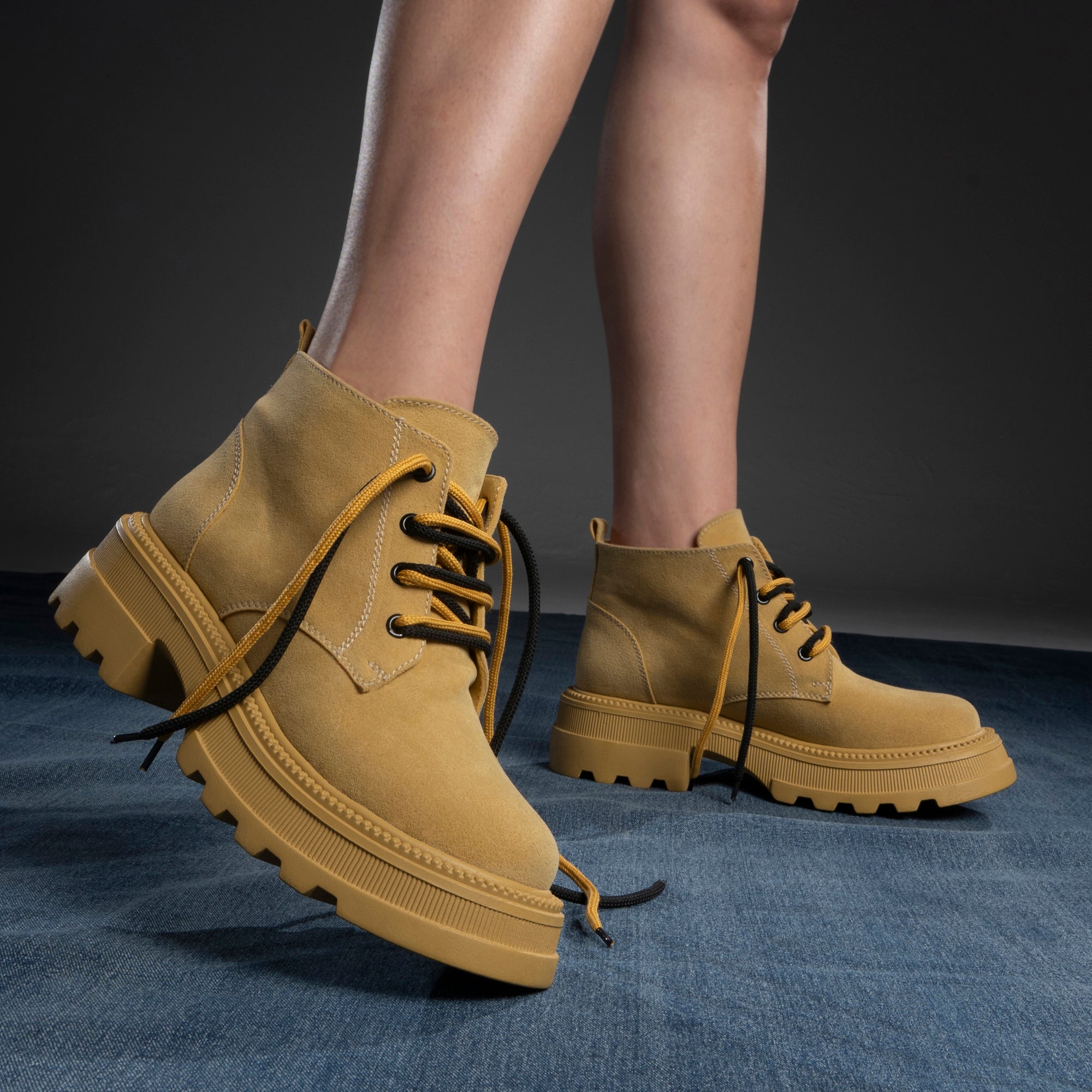 Plain Suede Laceup Boots - Yellow