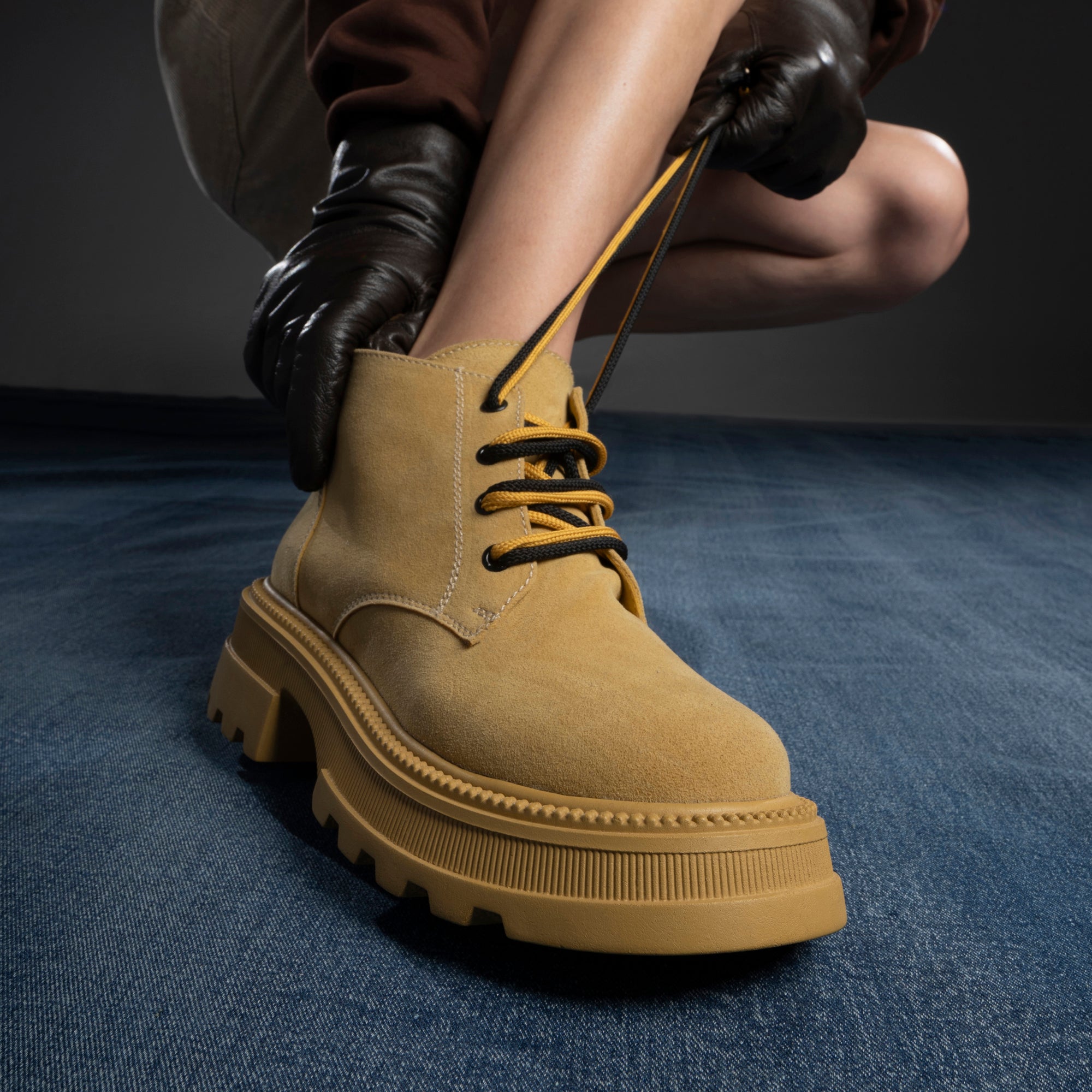 Plain Suede Laceup Boots - Yellow