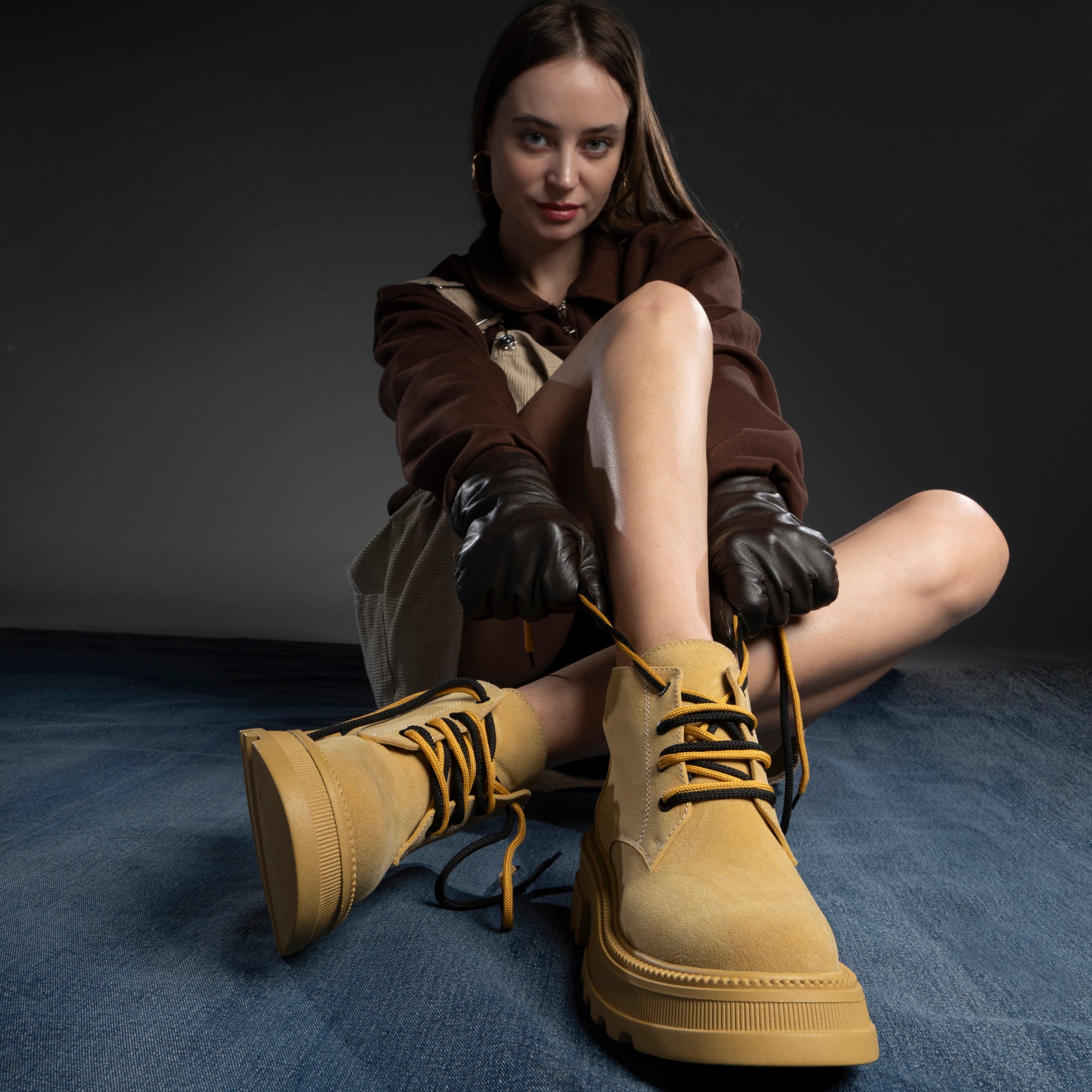 Plain Suede Laceup Boots - Yellow