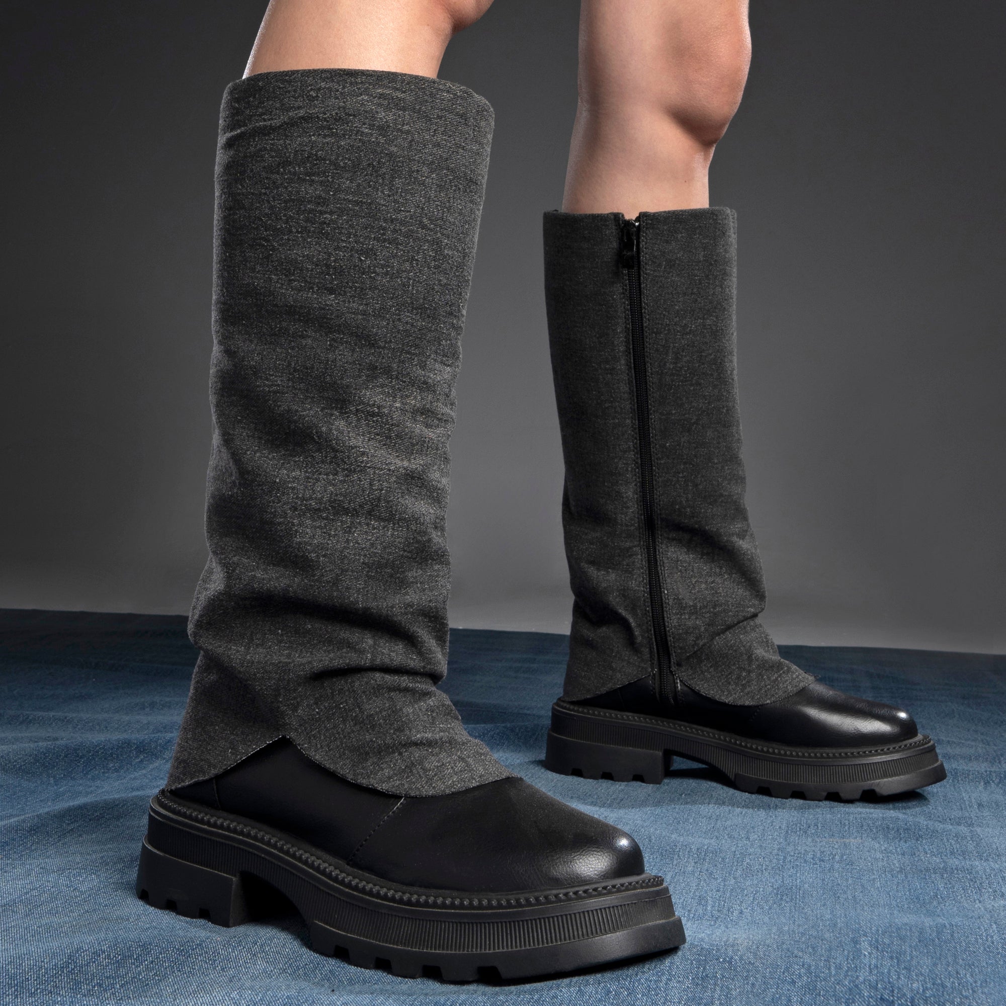 Denim Fold Cuff Knee High Boots - Pure Black