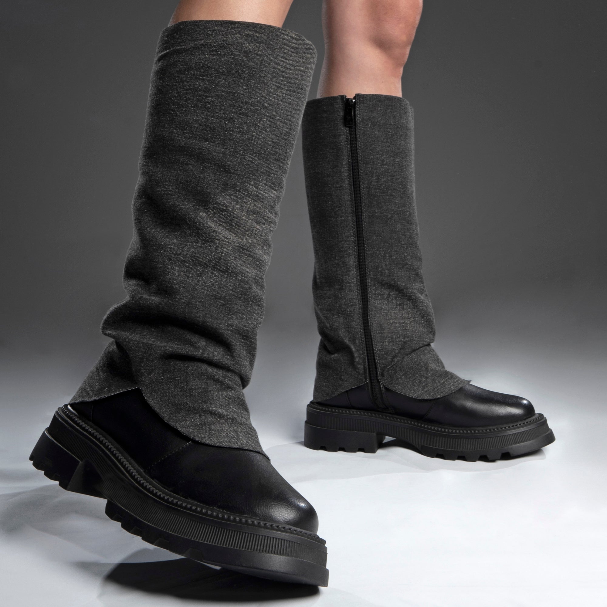 Denim Fold Cuff Knee High Boots - Pure Black