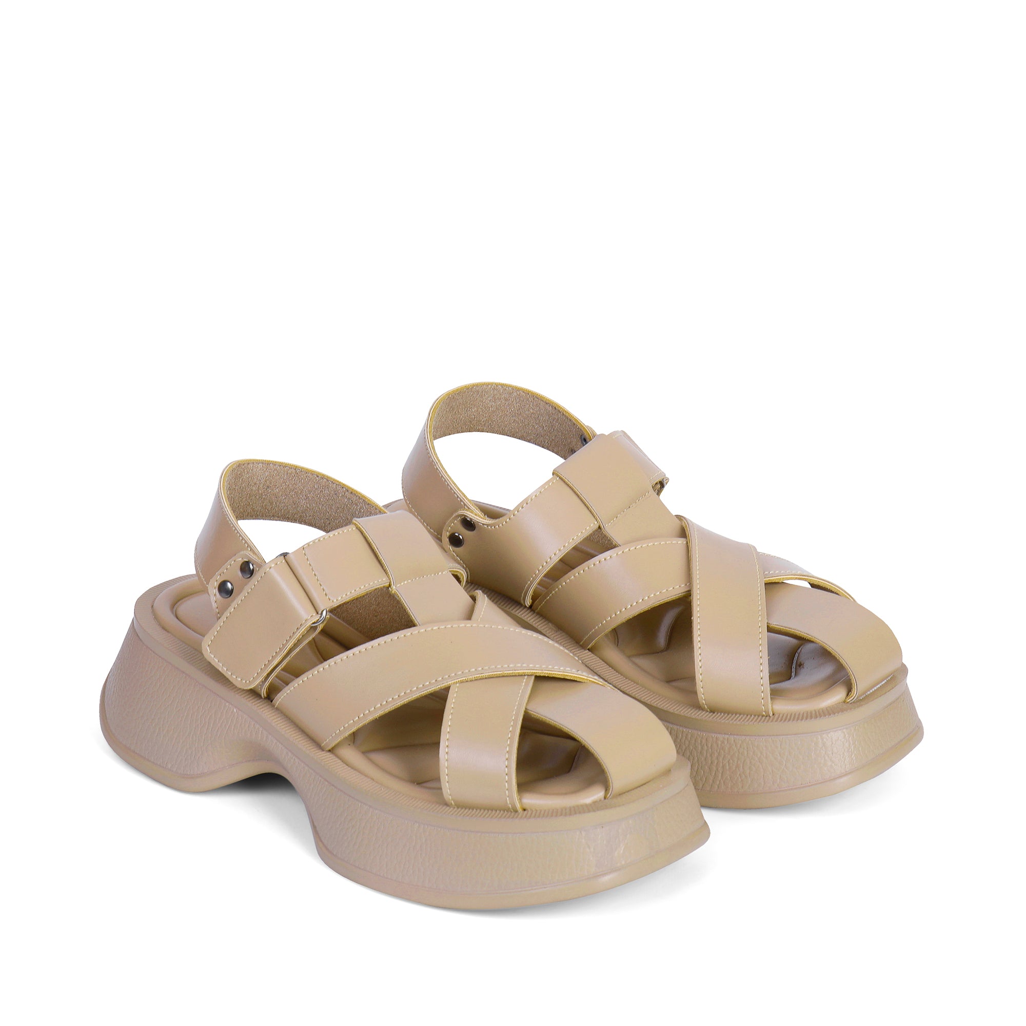 Crisscross Wedge Sandals with Buckles - Beige