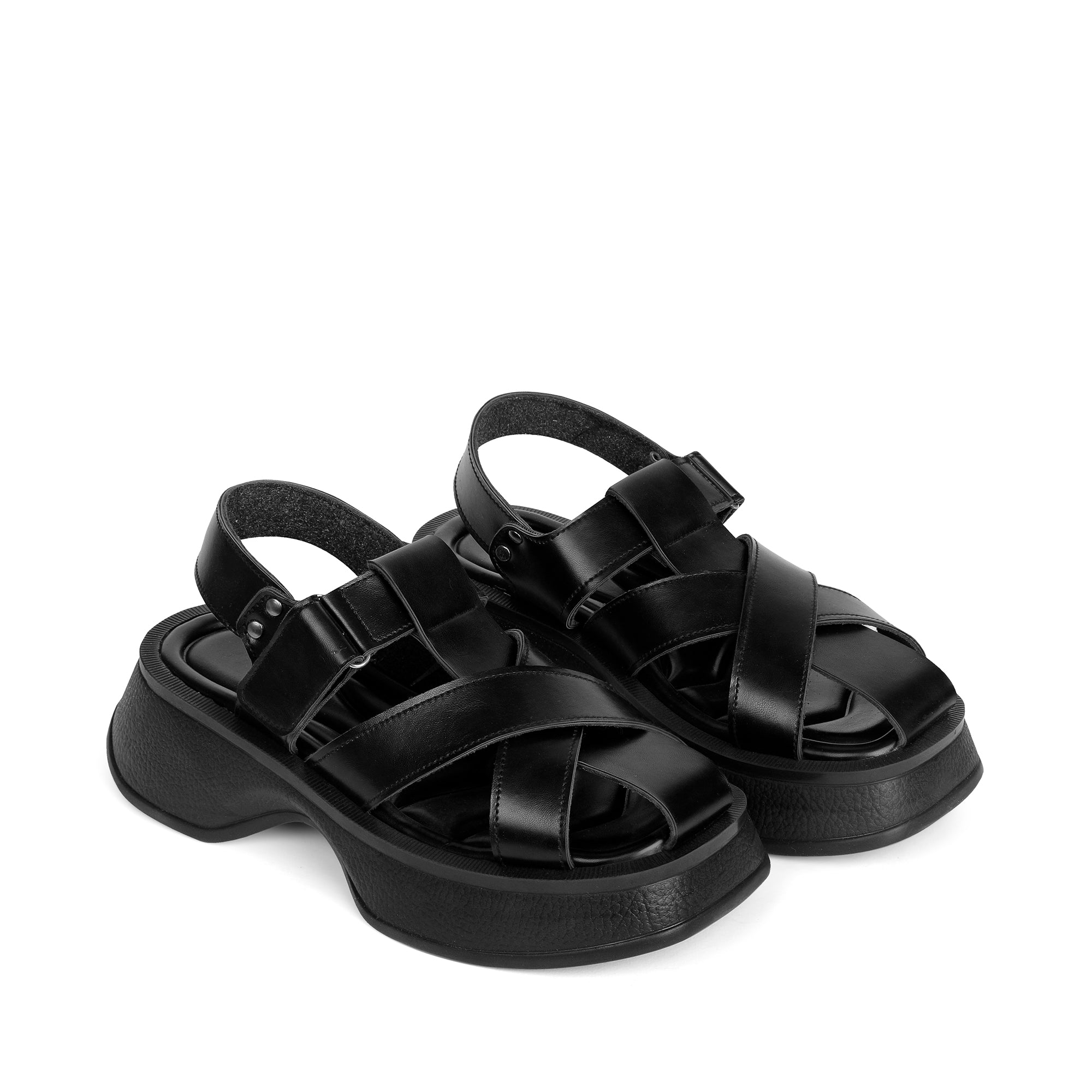 Crisscross Wedge Sandals with Buckles - Black