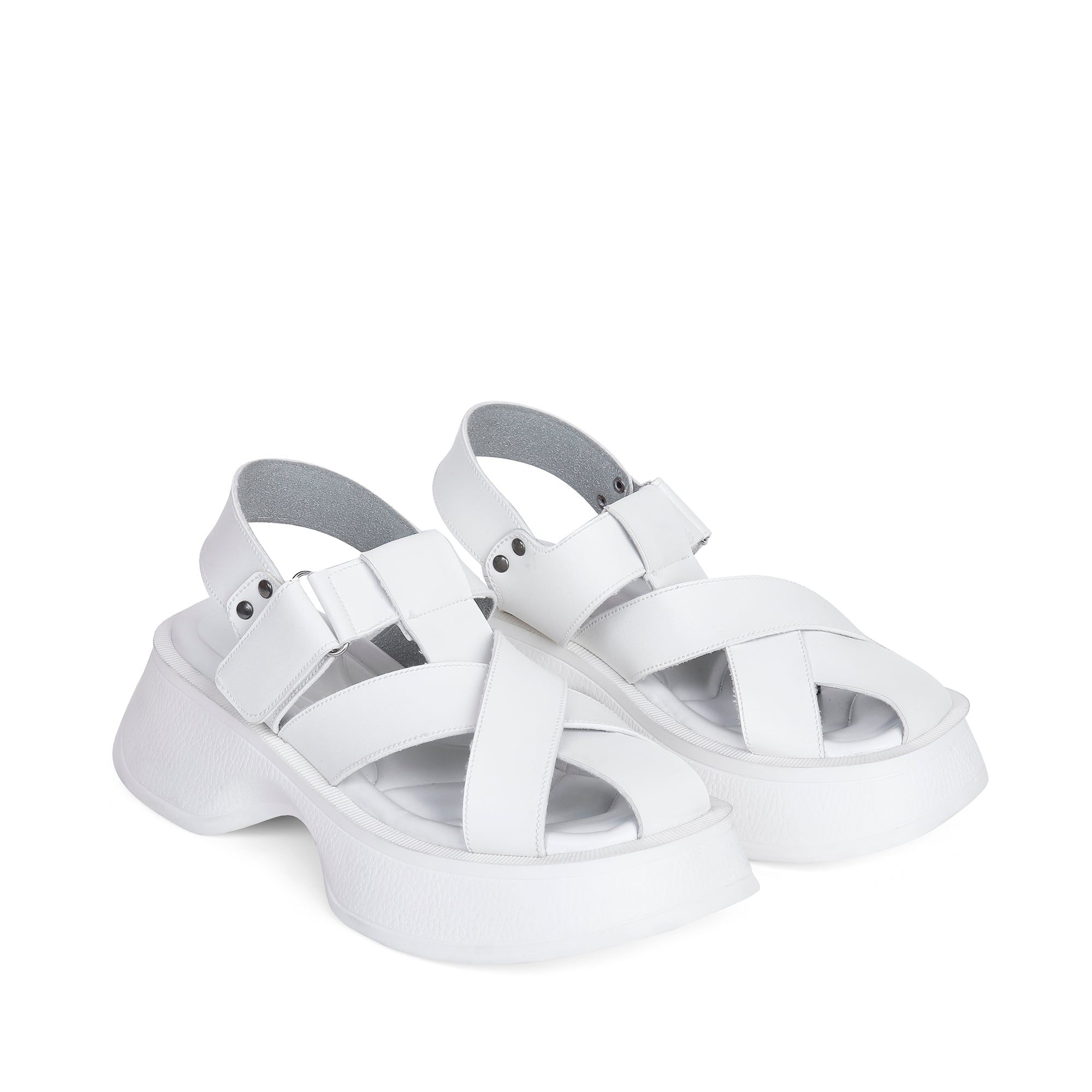 Crisscross Wedge Sandals with Buckles - White