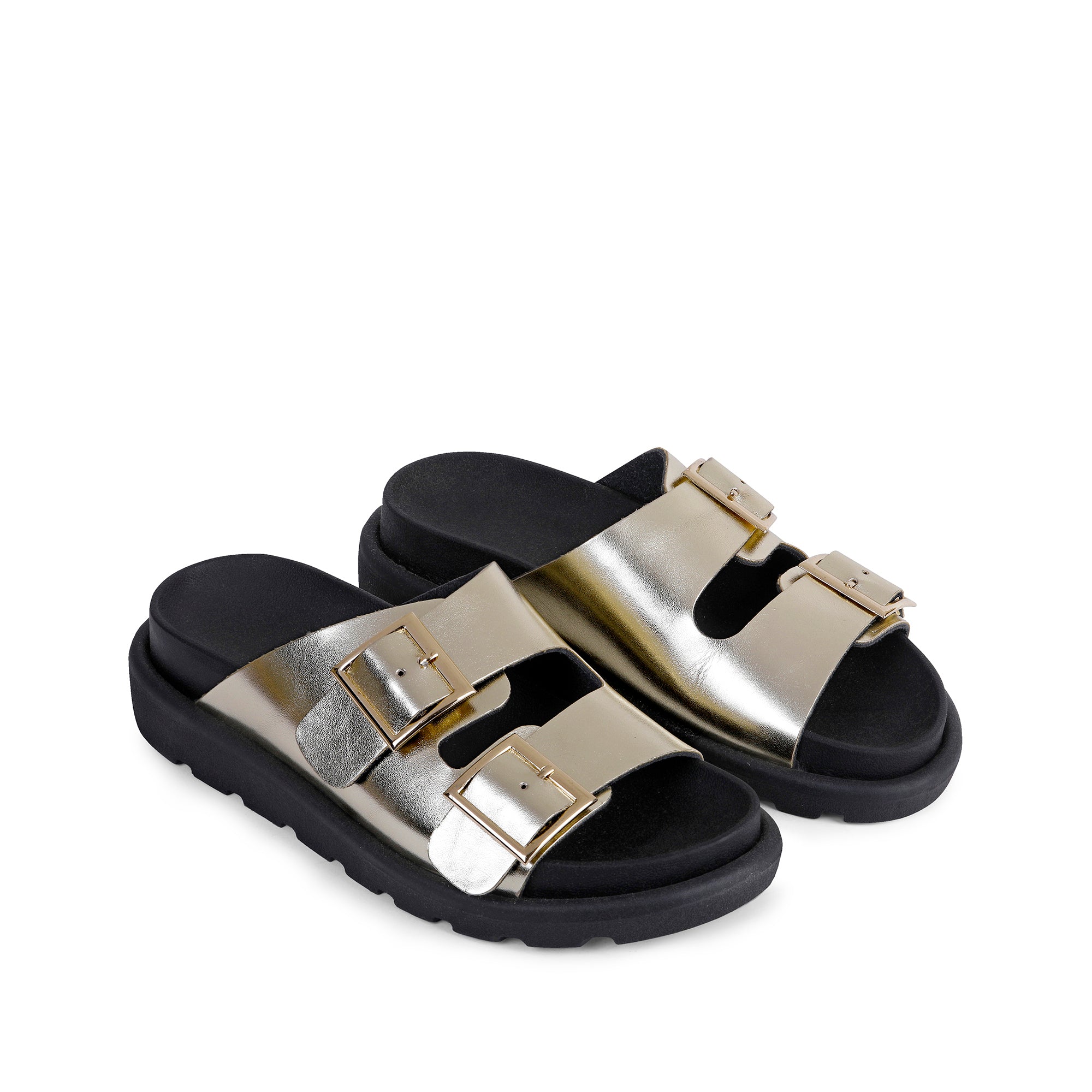 Double Buckle Comfy Slides - Gold