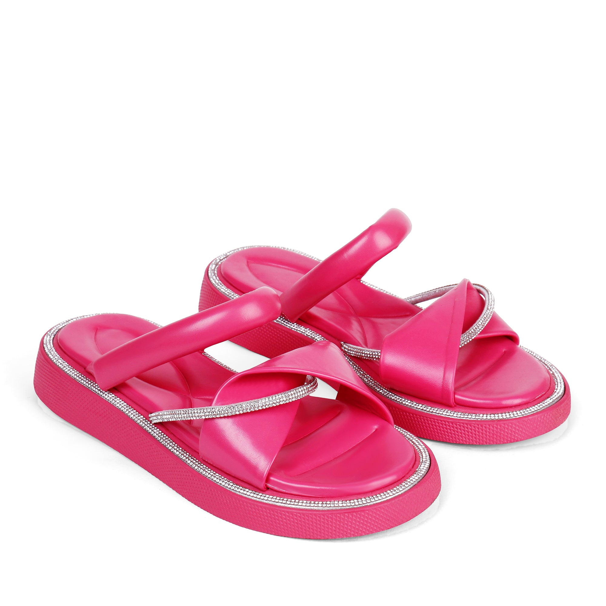 Padded Fold Sparkling Slippers - Fushia