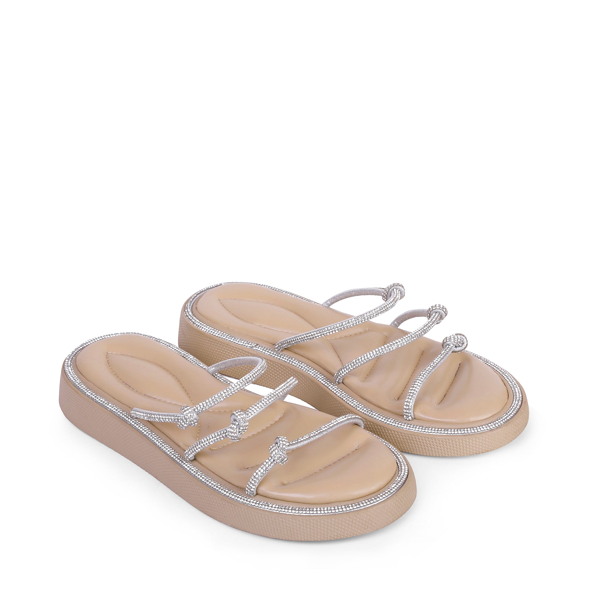 Sparkling Knotted Strappy Slippers - Beige