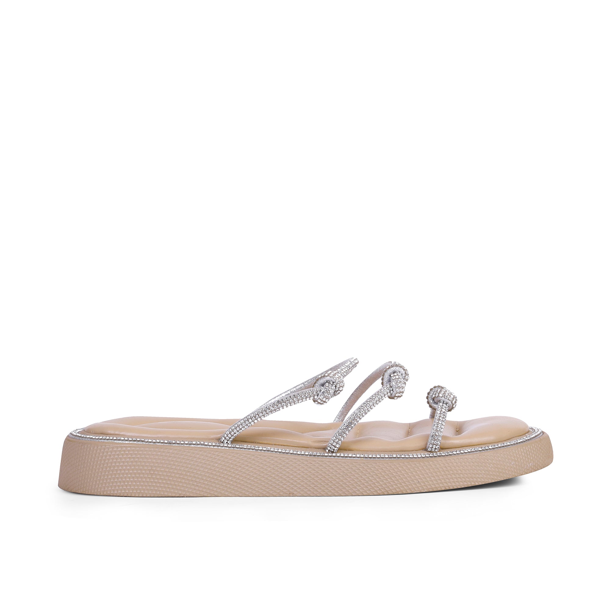 Sparkling Knotted Strappy Slippers - Beige