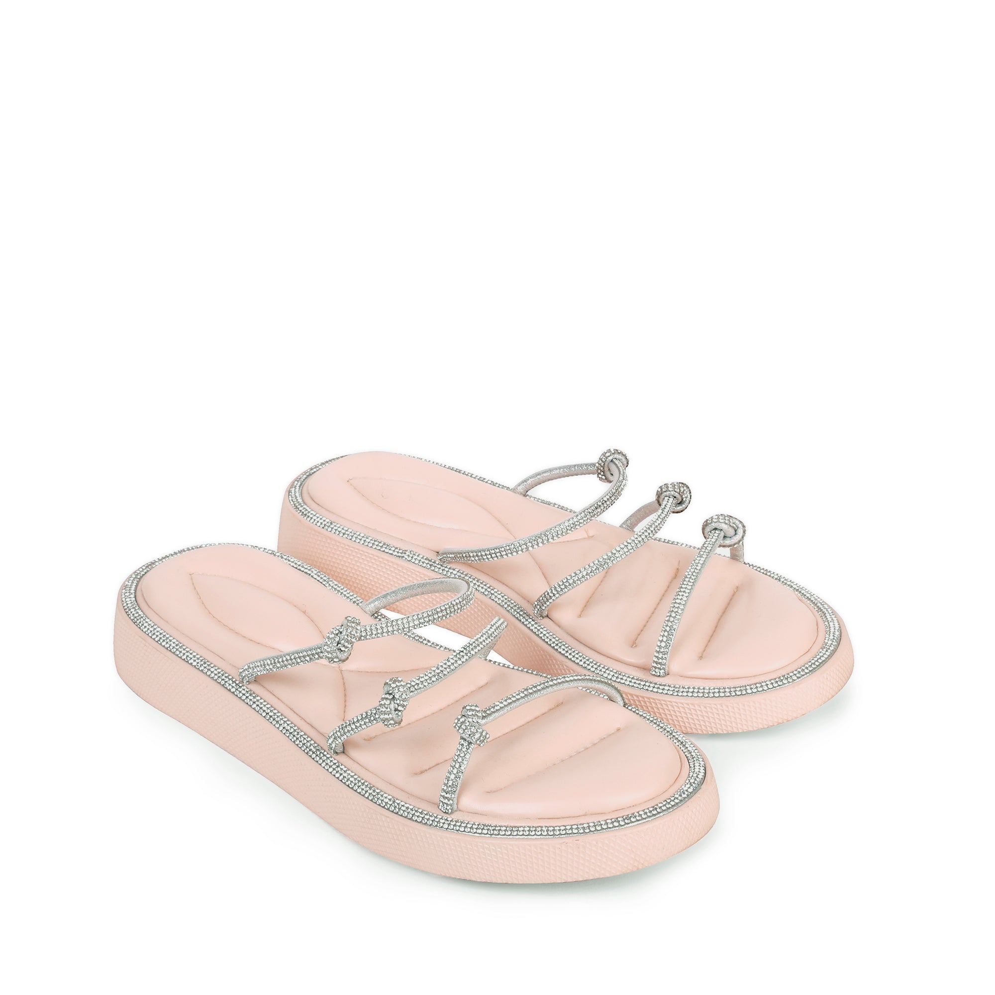 Sparkling Knotted Strappy Slippers - Nude Pink