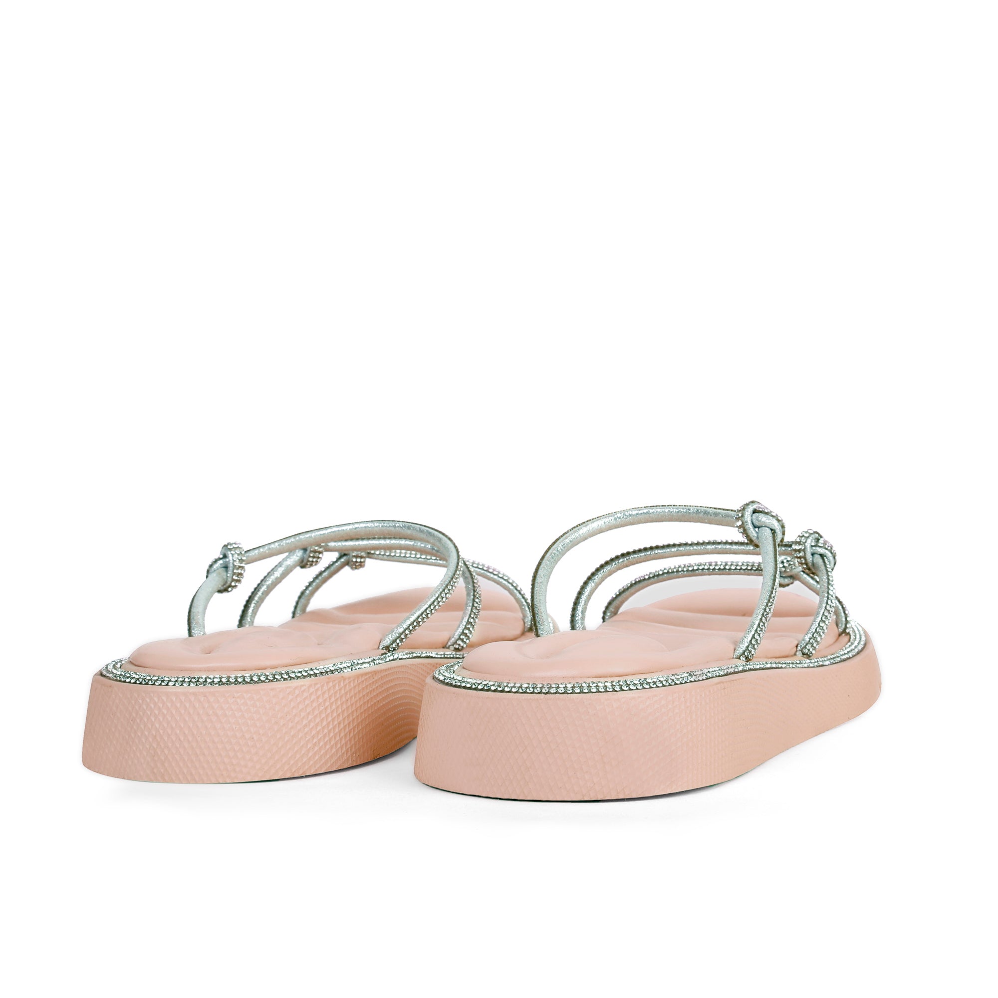 Sparkling Knotted Strappy Slippers - Nude Pink