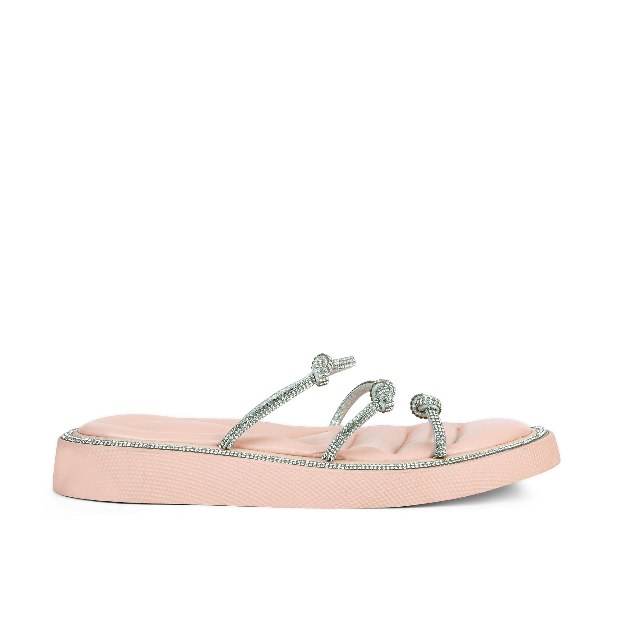 Sparkling Knotted Strappy Slippers - Nude Pink