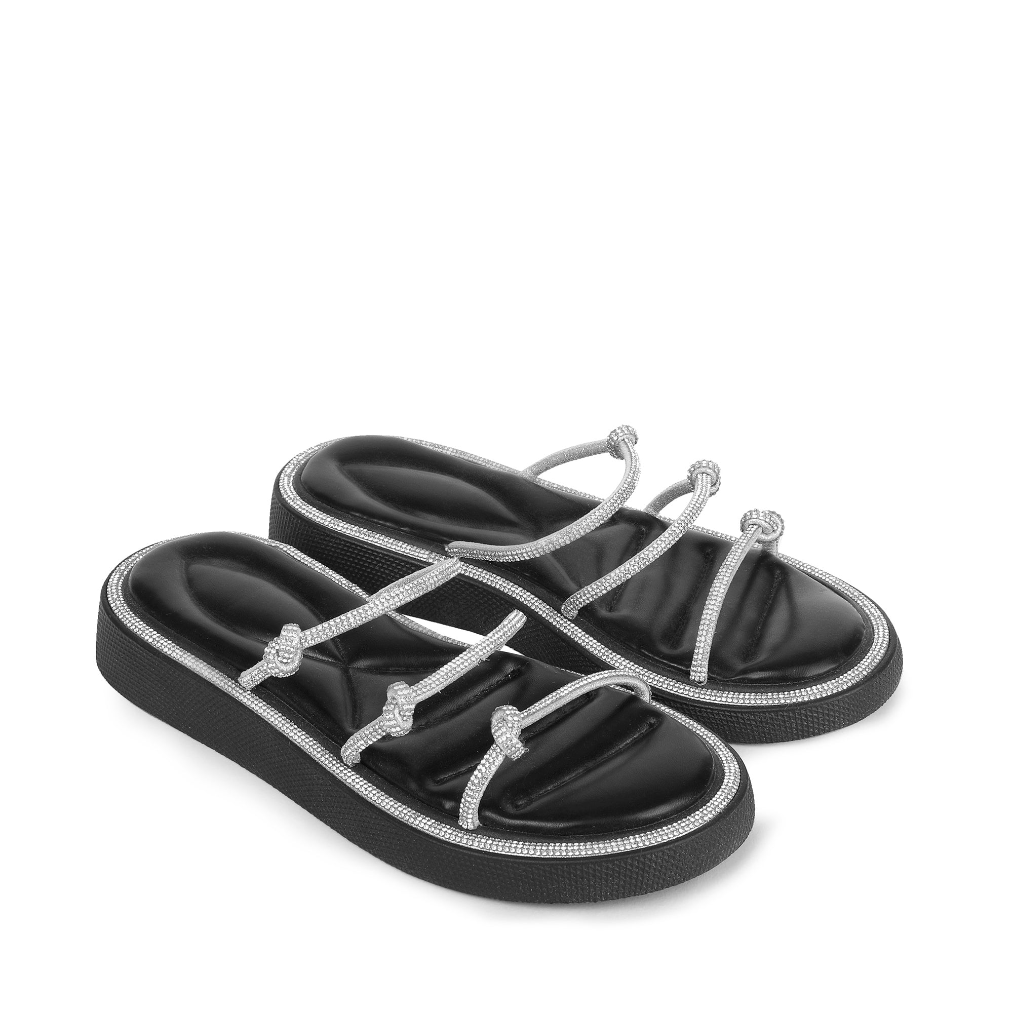 Sparkling Knotted Strappy Slippers - Black