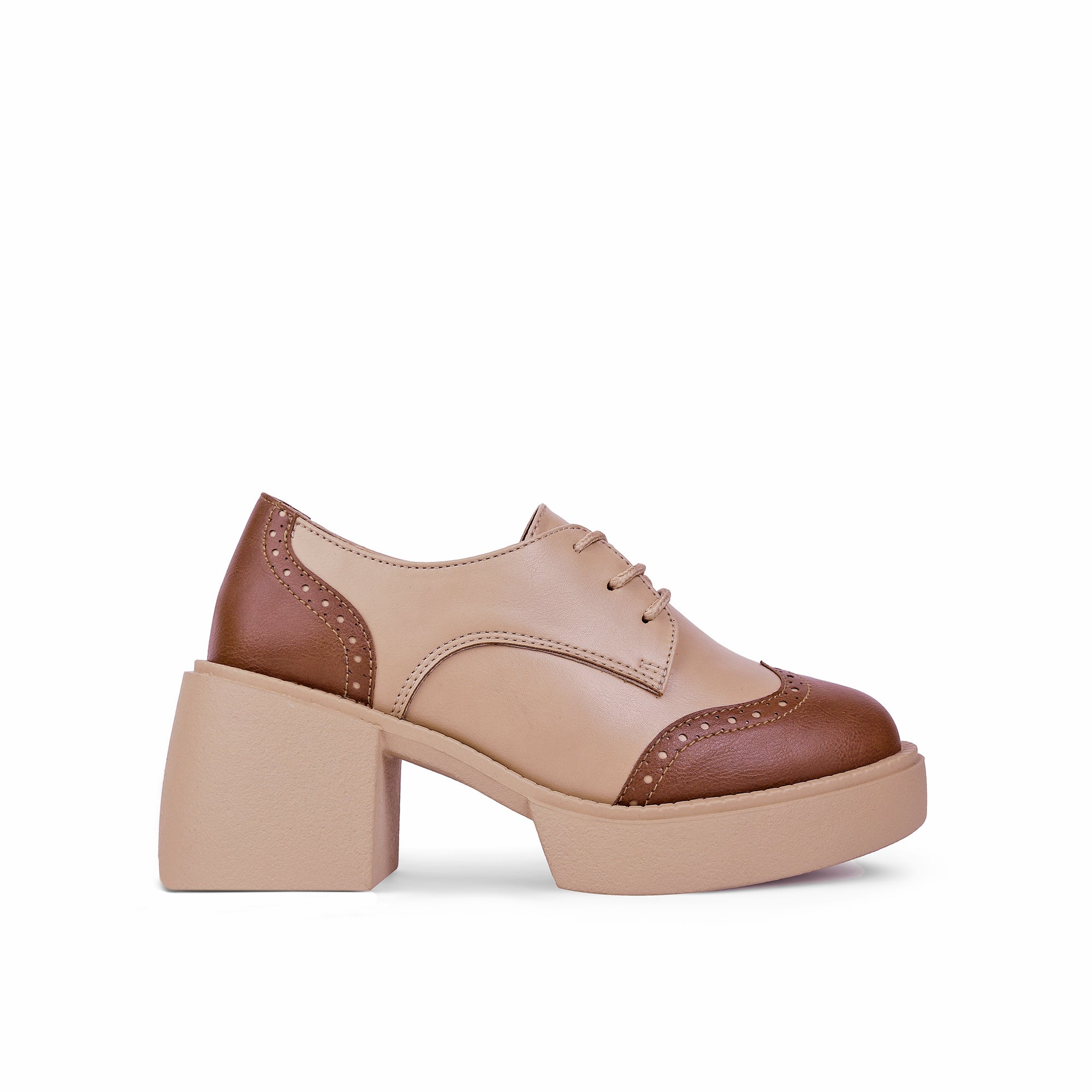 Brouge Two-Tone Derby Shoes with Platform Sole - Brownish