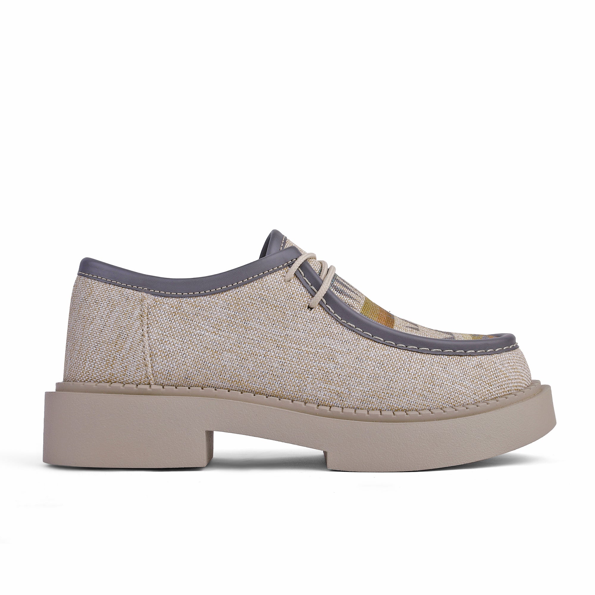 Patterned Lace-Up Platform Loafers - Beige