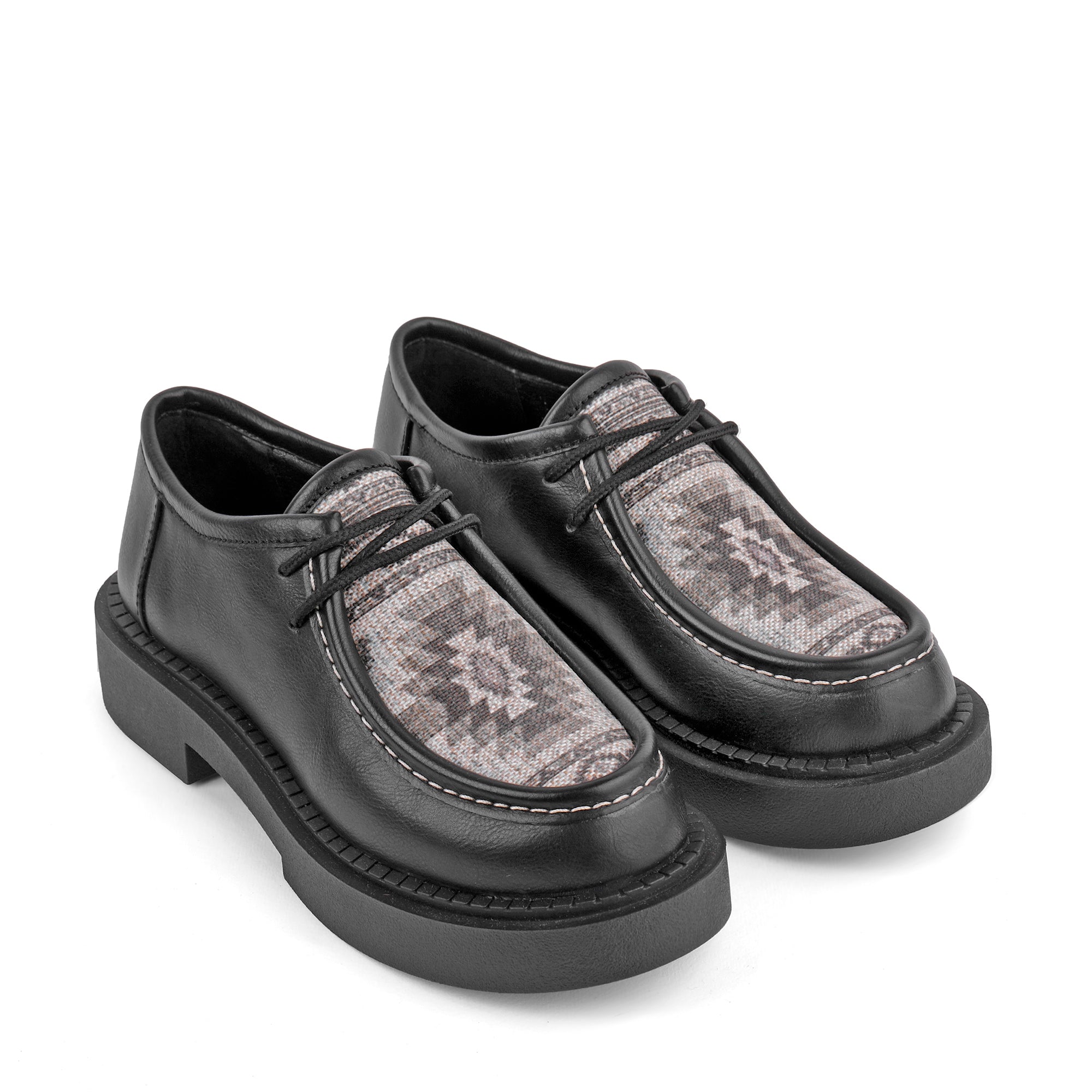 Patterned Lace-Up Platform Loafers - Black