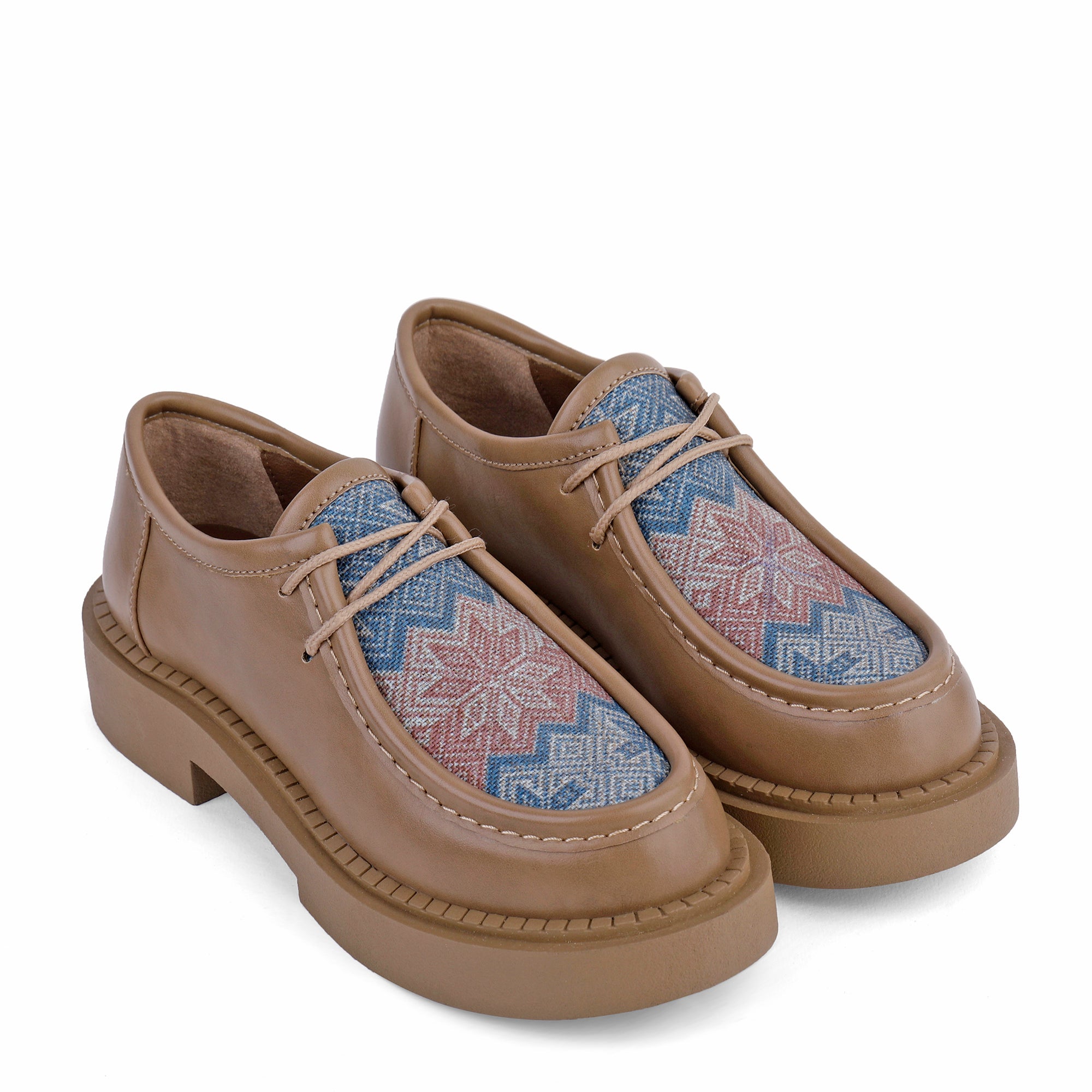 Patterned Lace-Up Platform Loafers - Cafe