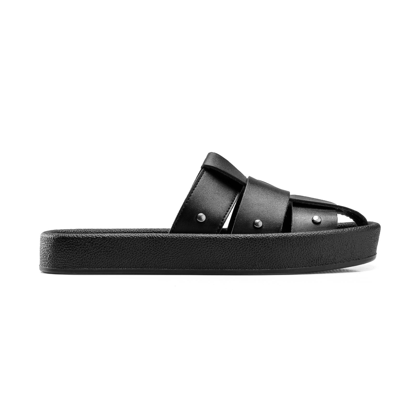 Leather Cross-Strap Platform Slides - Black